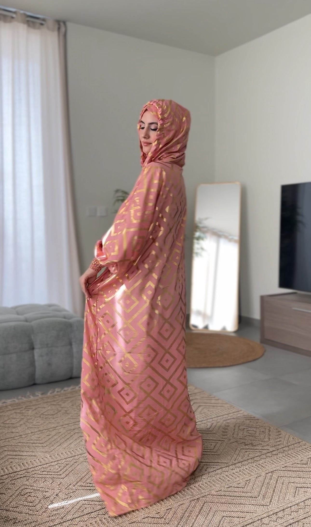 Light coral burqa with gold geometric lines