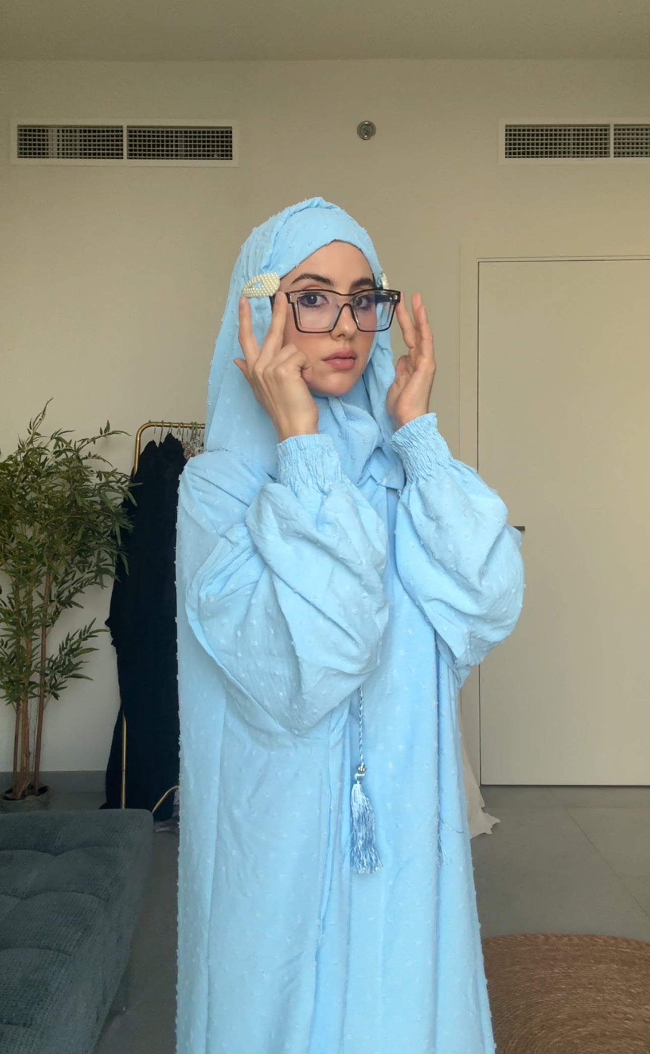 Baby blue burqa with blue dots