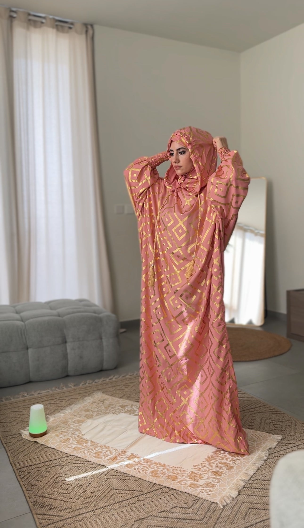 Light coral burqa with gold geometric lines