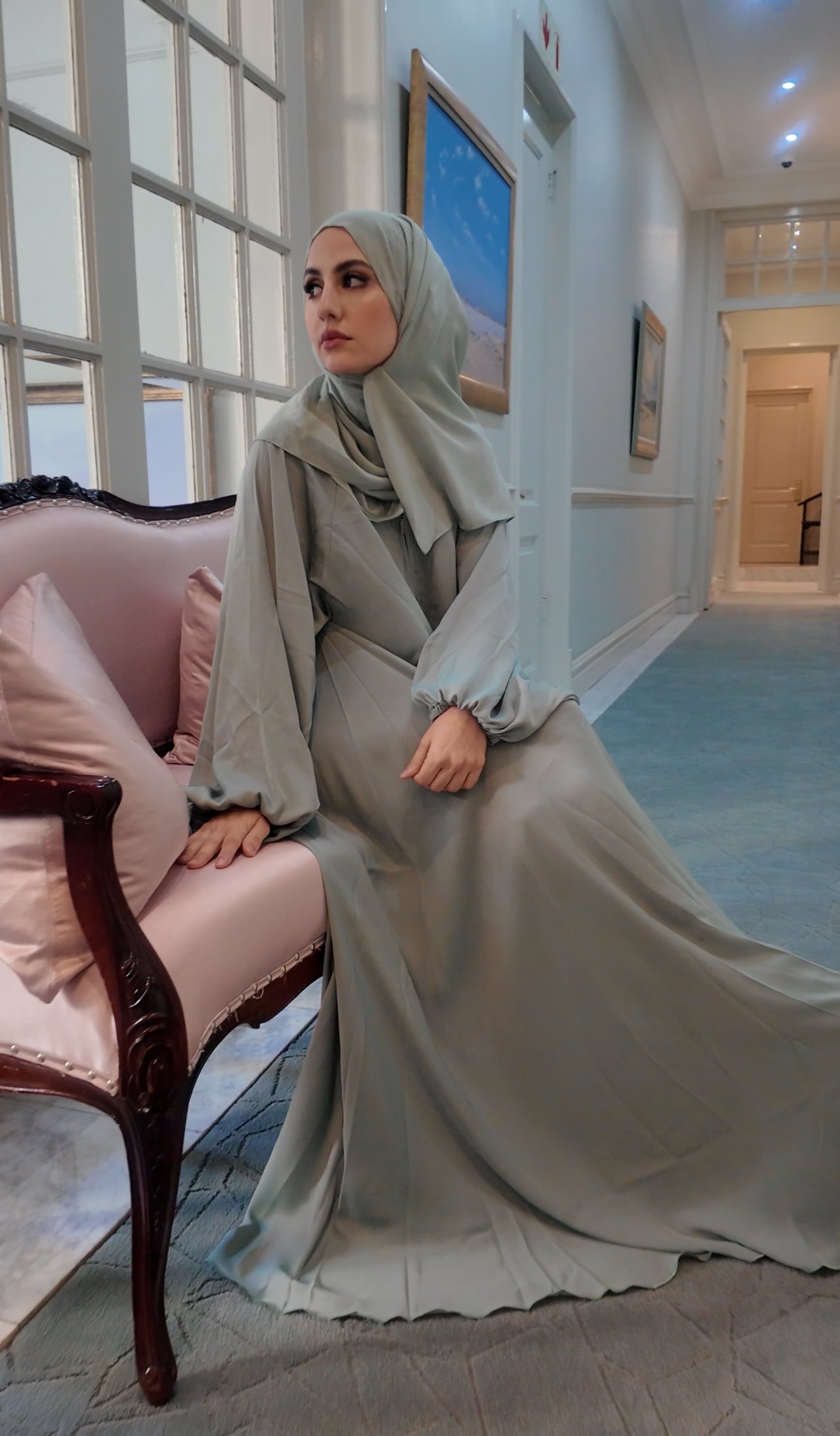 Light Green flow Abayah with attached hijab