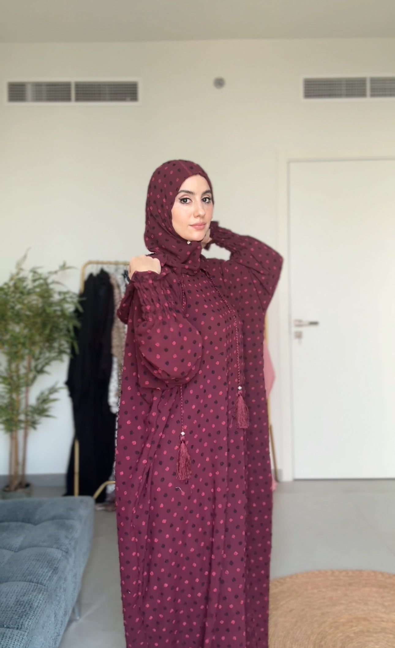 Maroon burqa with black dots