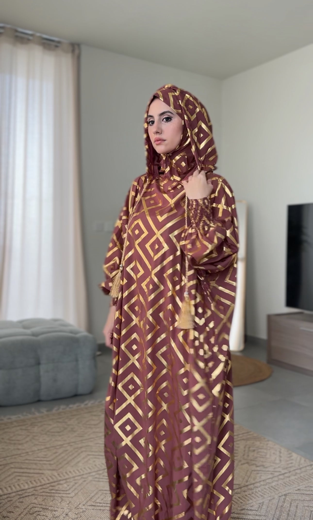 Pinkish brown burqa with gold geometric lines