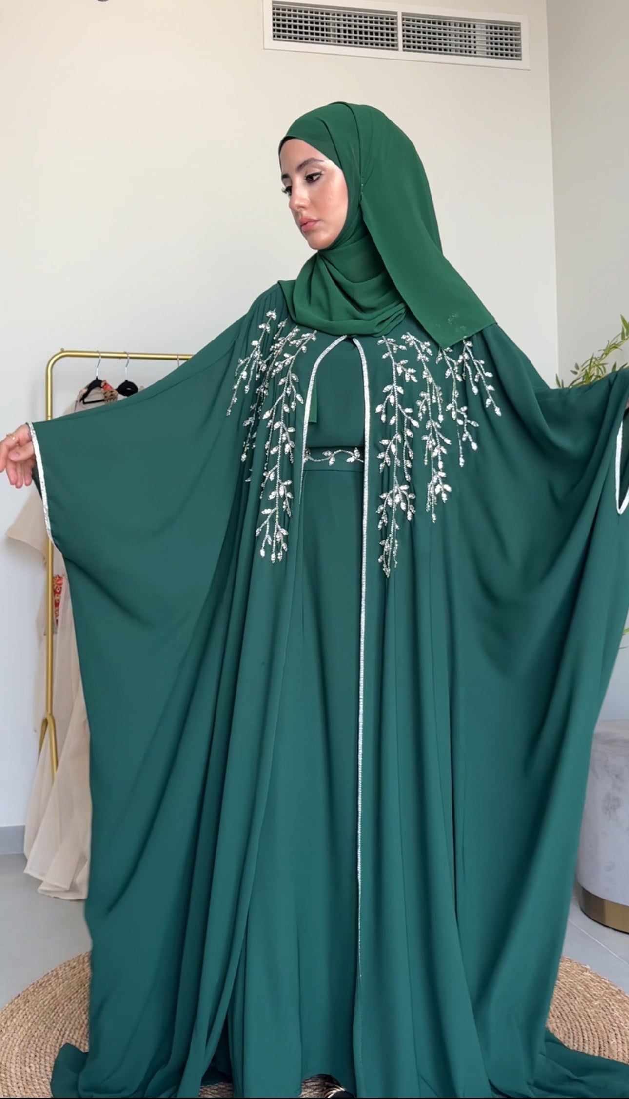 Emerald green abayah with silver beadwork with inner and belt