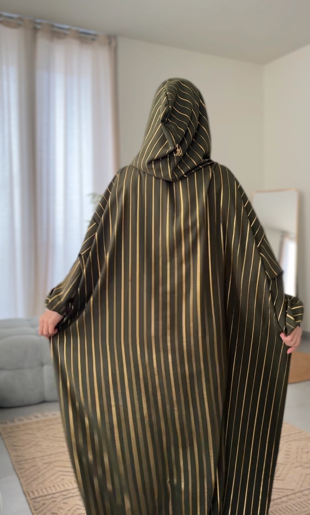 Army green burqa with thin gold vertical lines