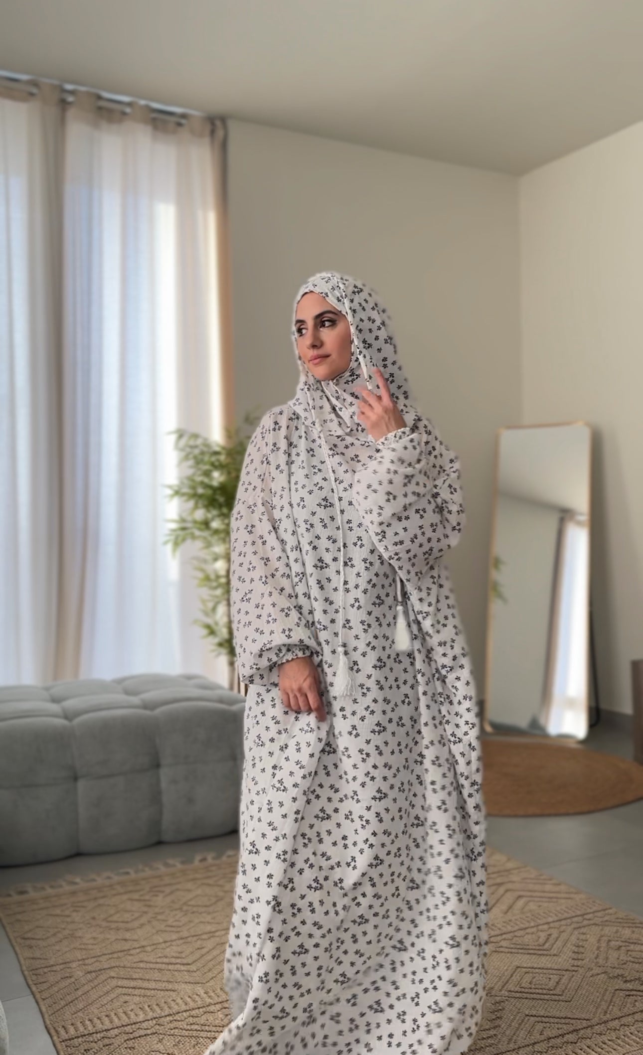 White burqa with navy floral print