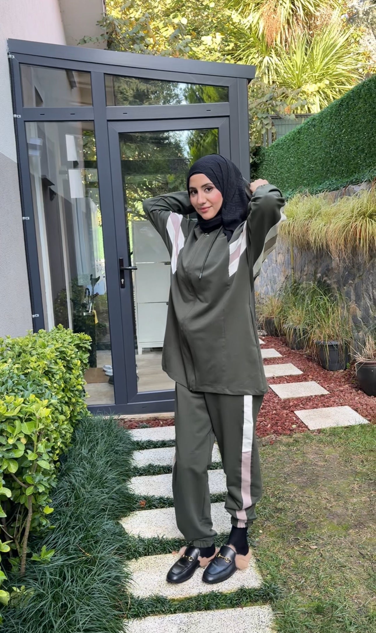 Army green tracksuit set with white stripes