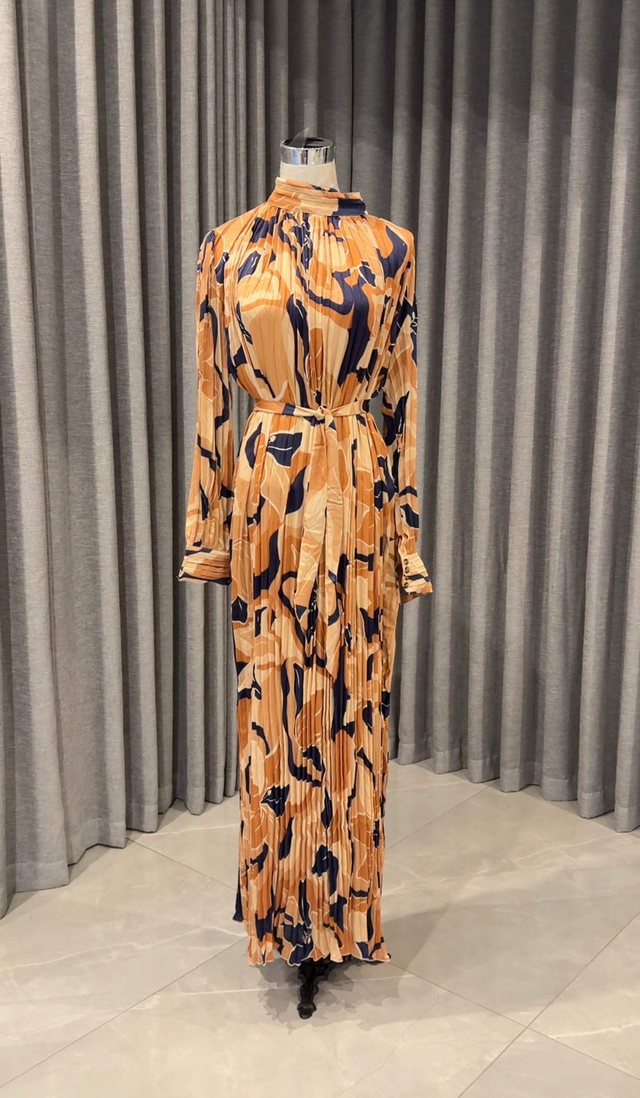 Cream and purple pleated dress