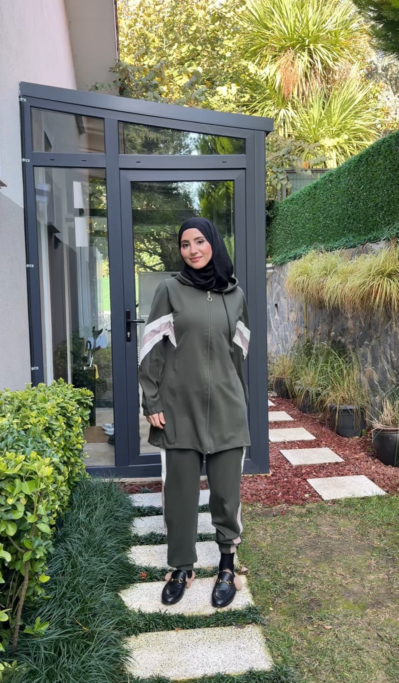 Army green tracksuit set with white stripes