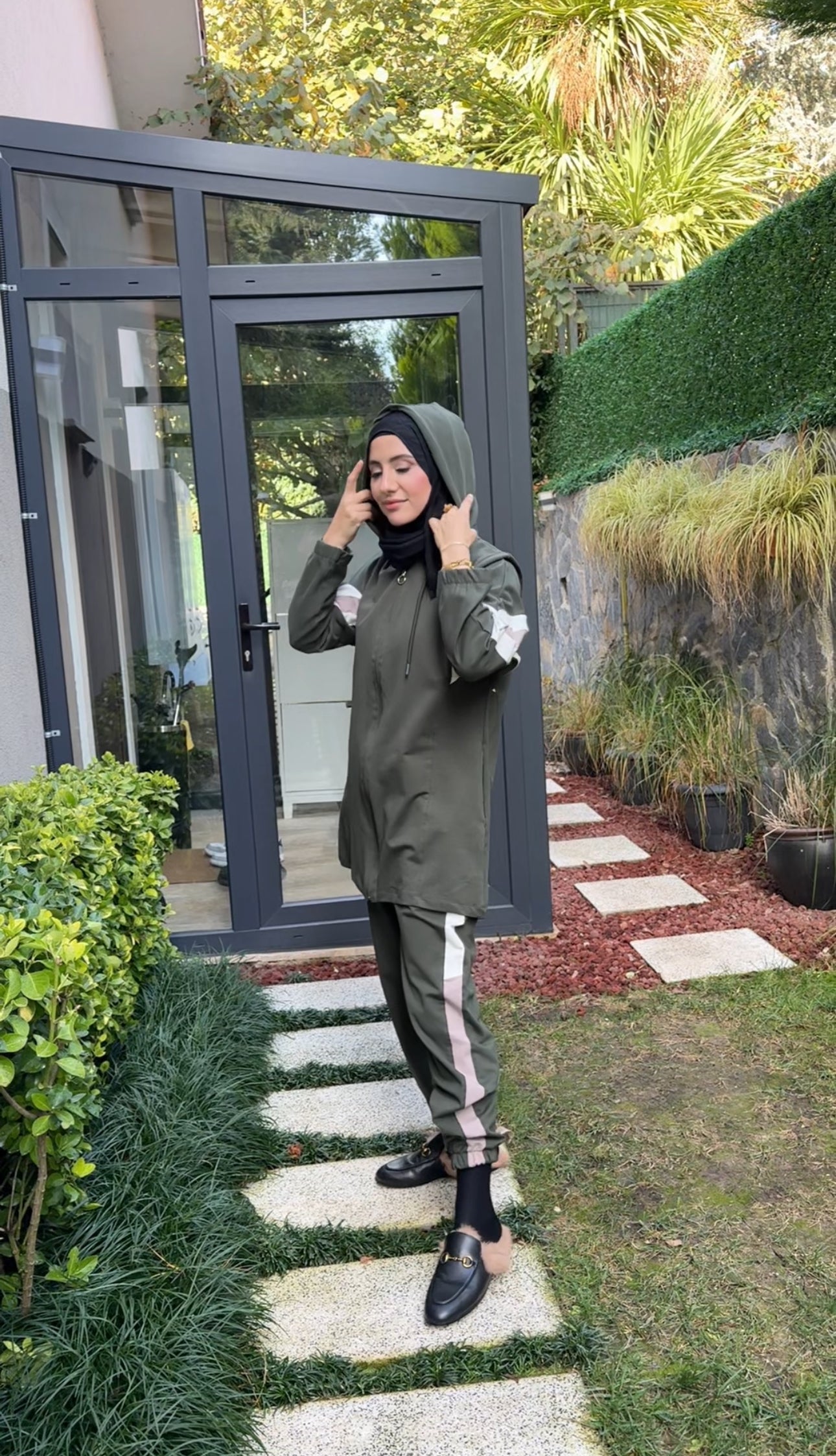 Army green tracksuit set with white stripes