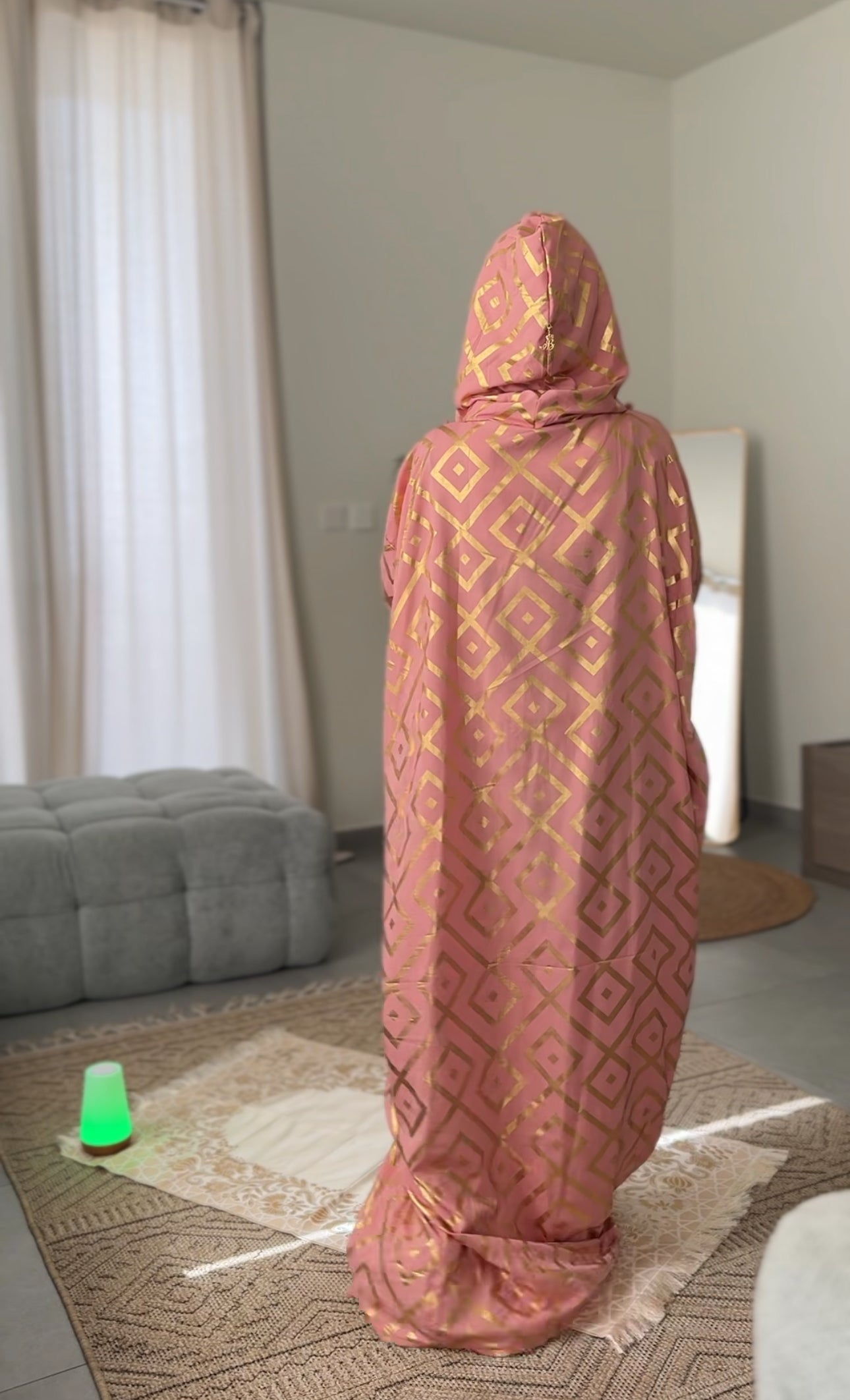 Light coral burqa with gold geometric lines