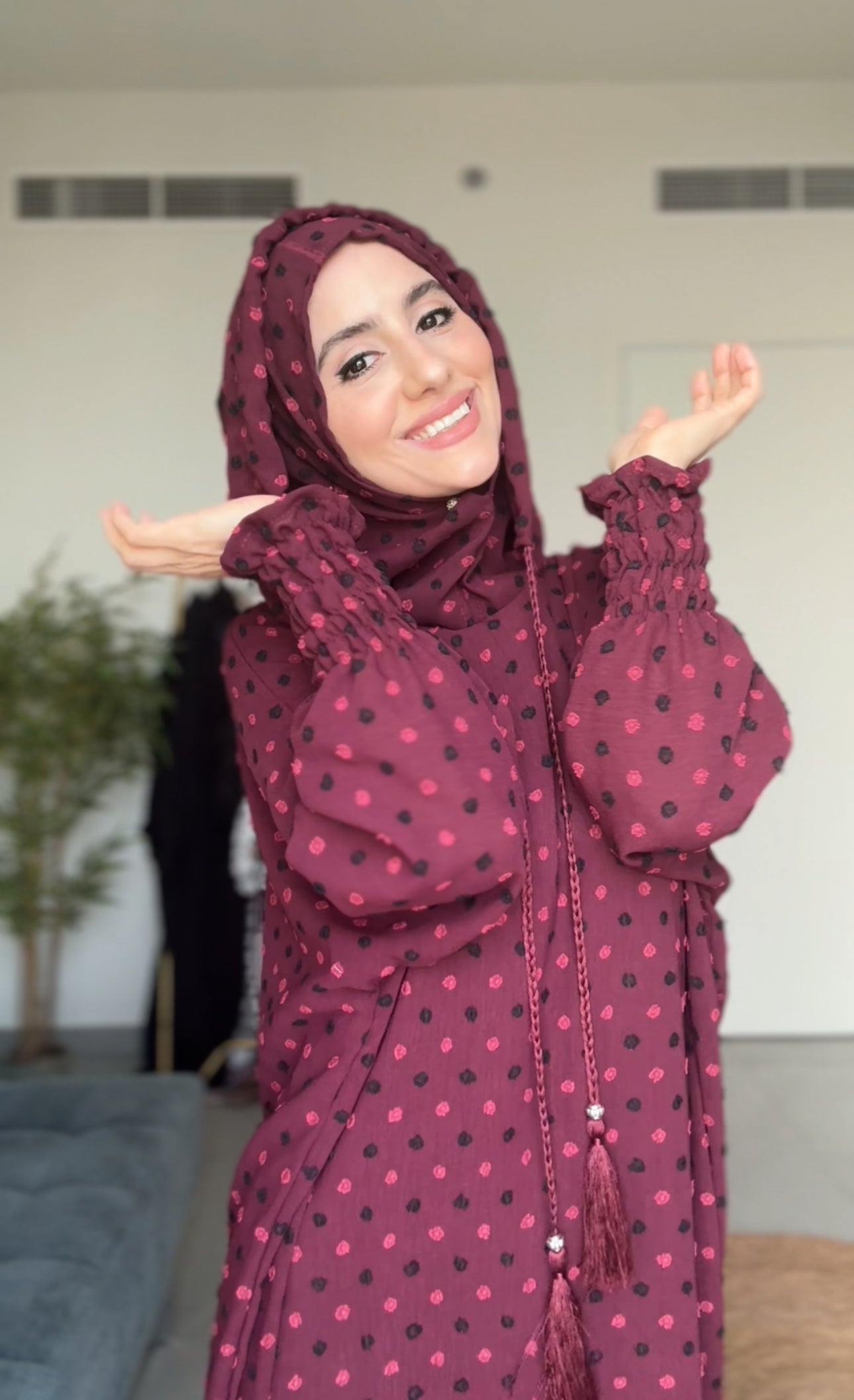 Maroon burqa with black dots