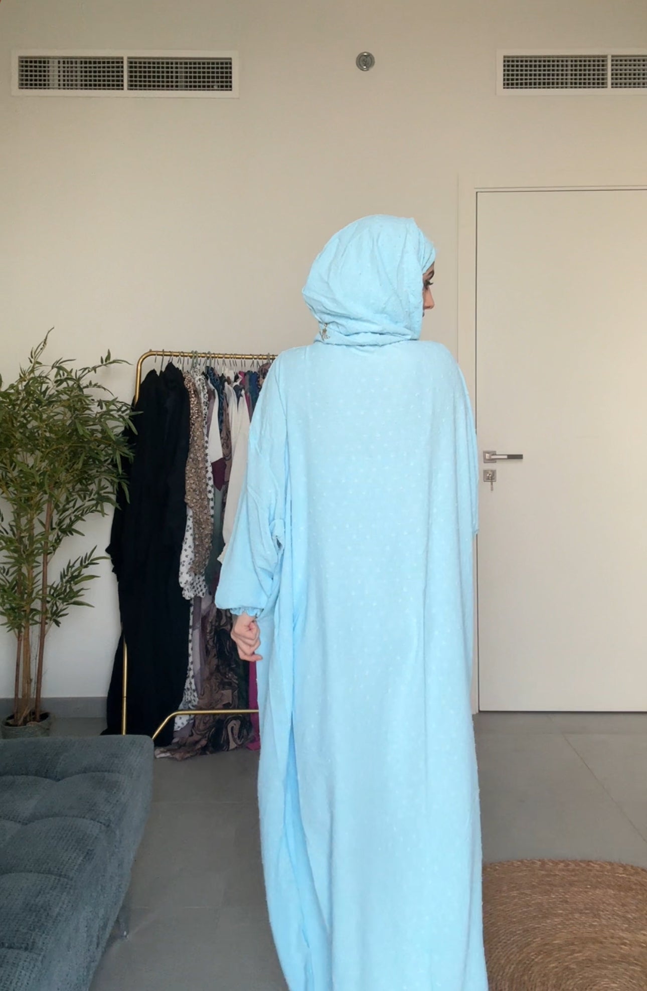 Light blue burqa with blue dots