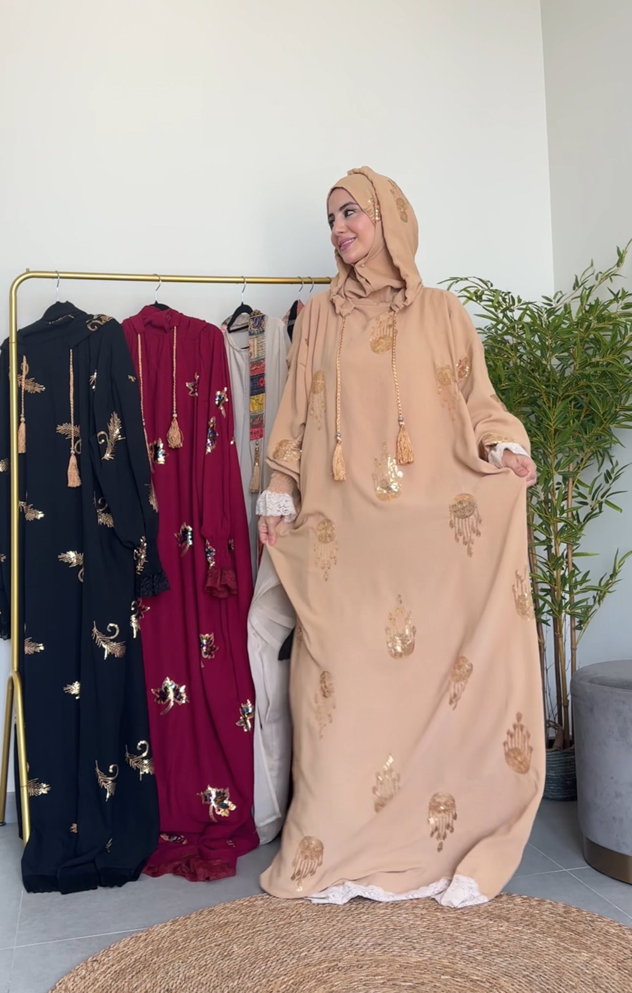 Beige Hoodie Burqa with embroidery and lace work