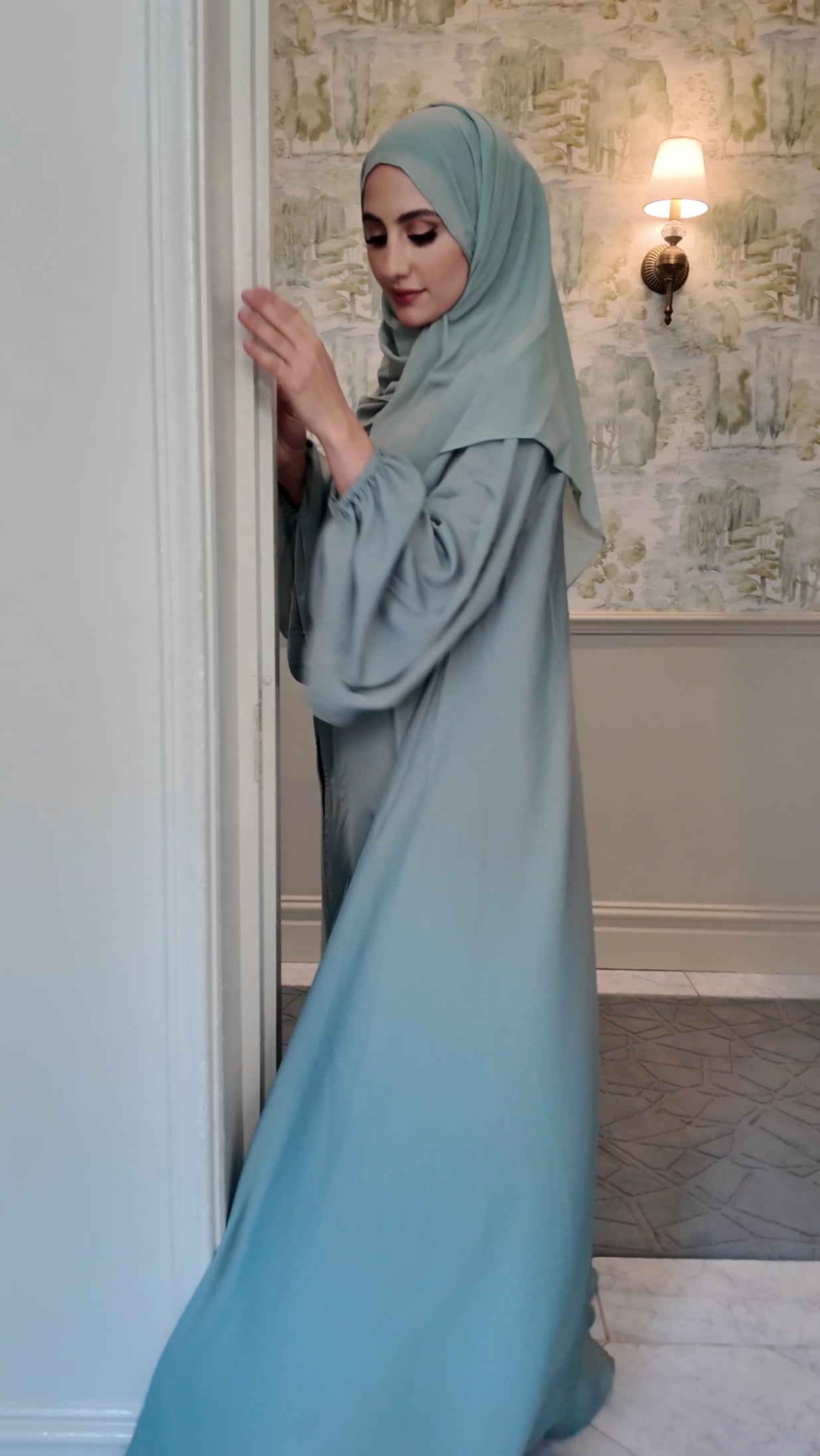 Light Green flow Abayah with attached hijab