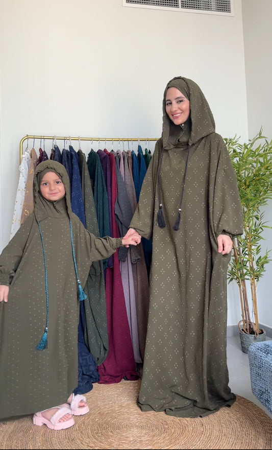 Kids olive green burqa with dots