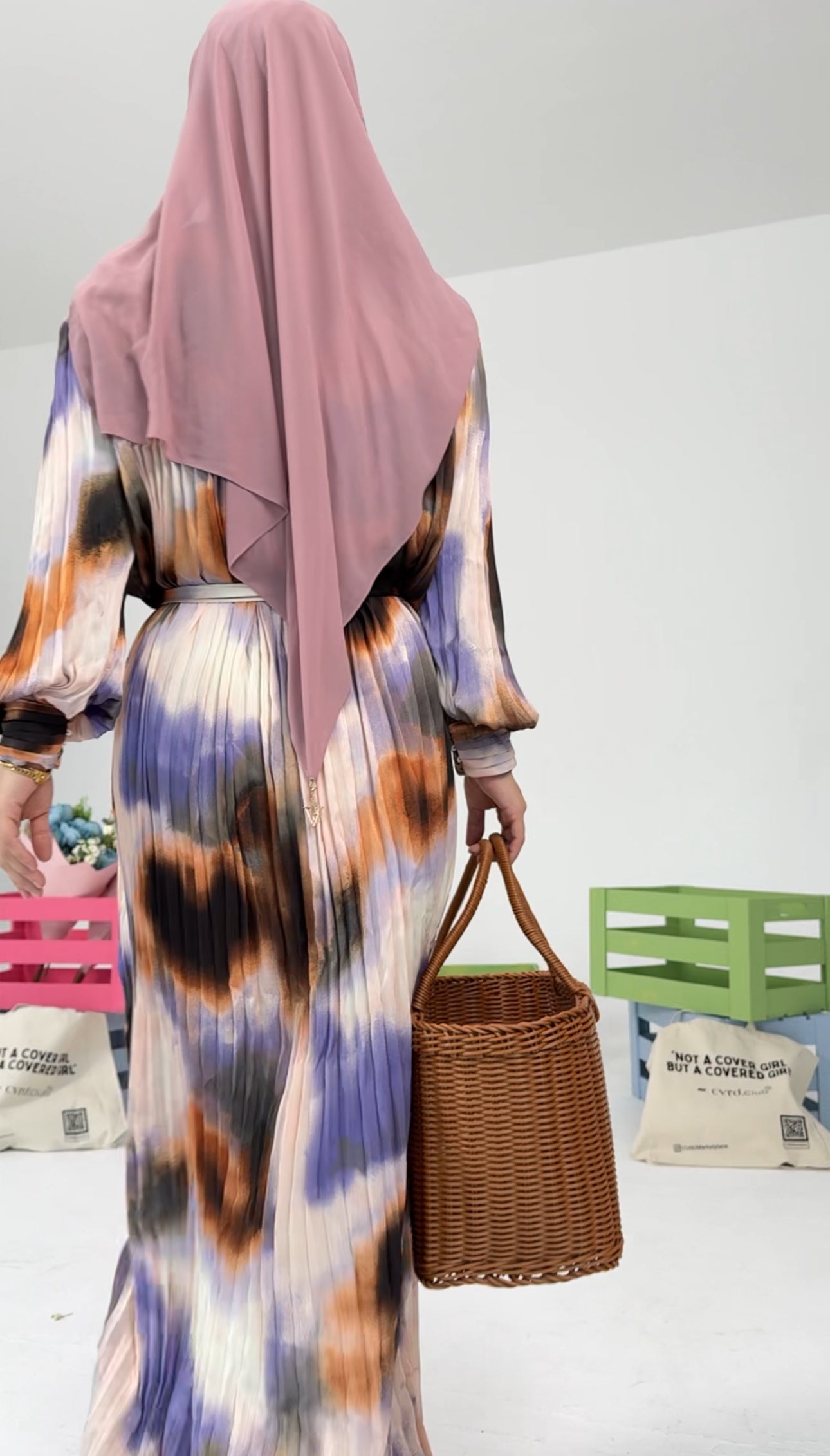 Brown and purple dye pleated dress