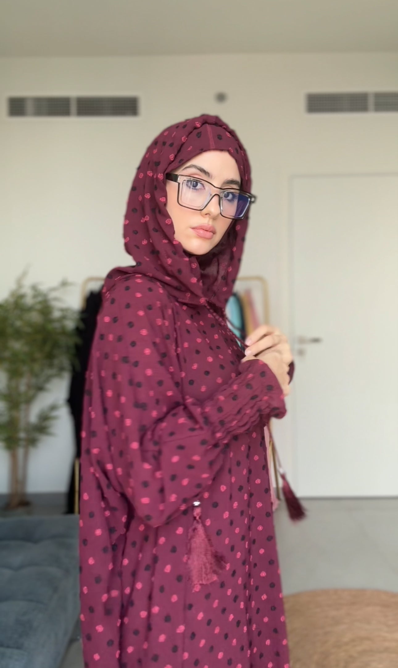 Maroon burqa with black dots