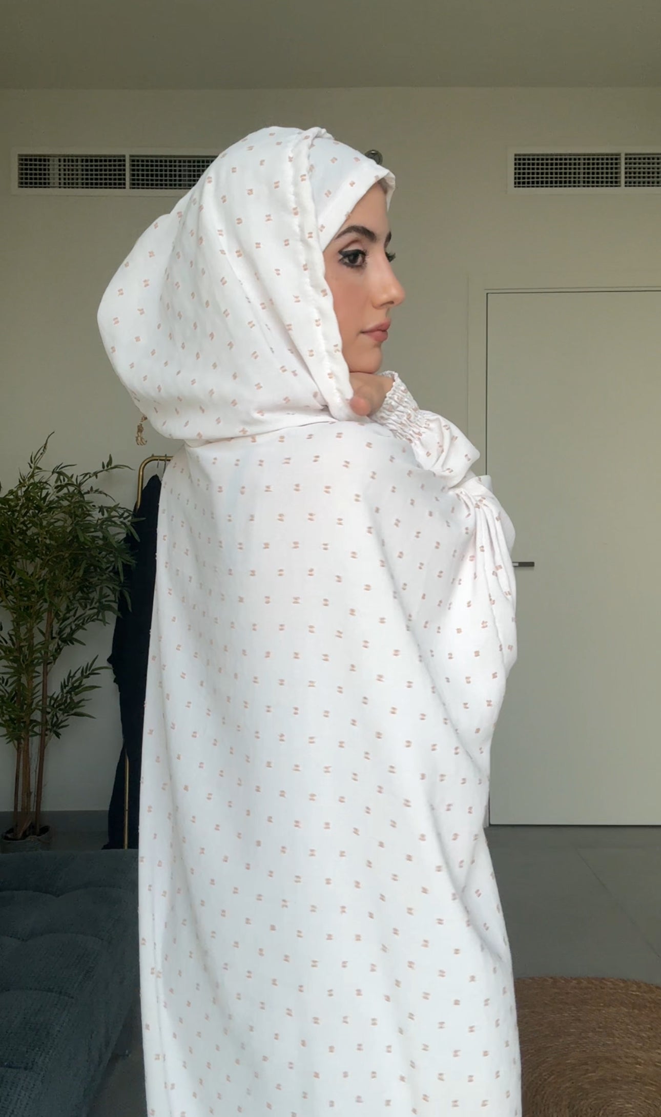 White burqa with beige dots