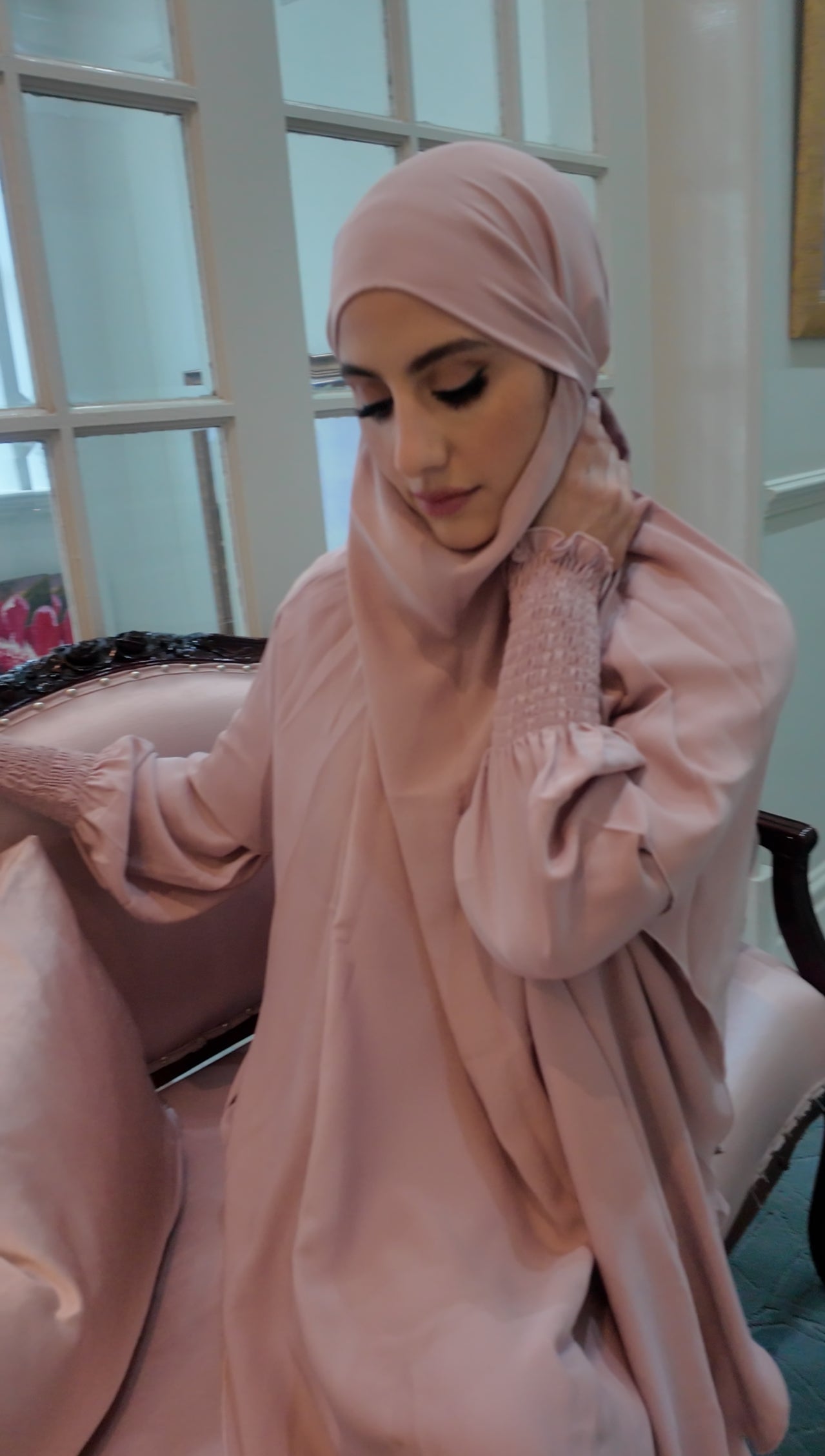 Pink Nada fabric Jilbab with long sleeve inner