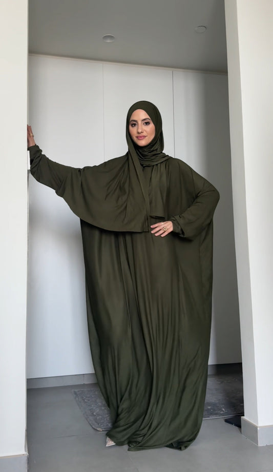 Army green stretch fabric burqa with zip and attached scarf