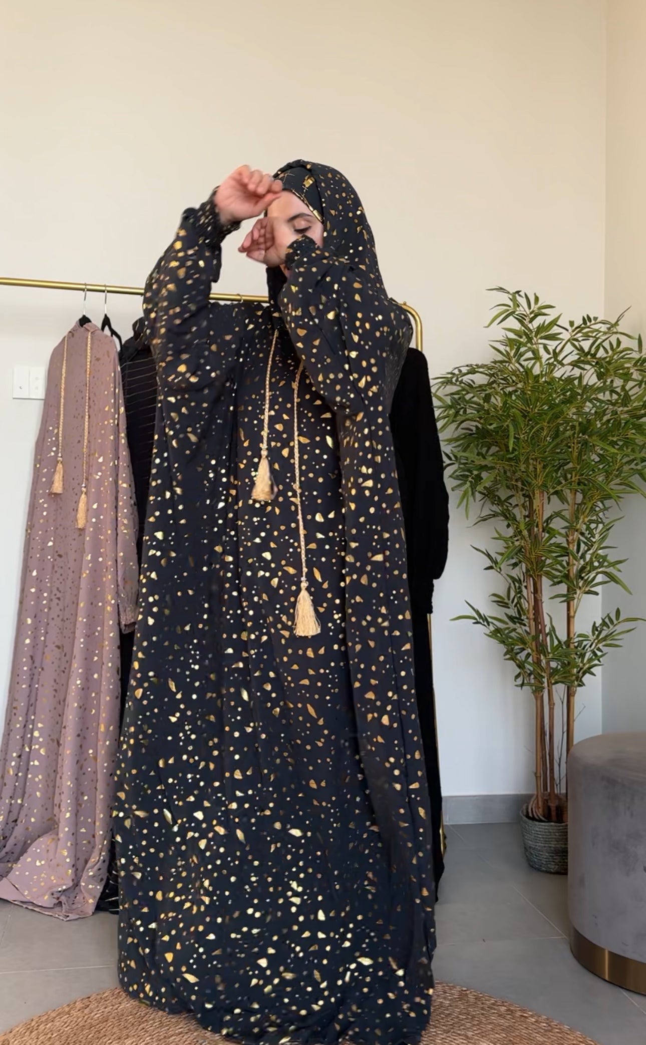 Grey burqa with gold pattern