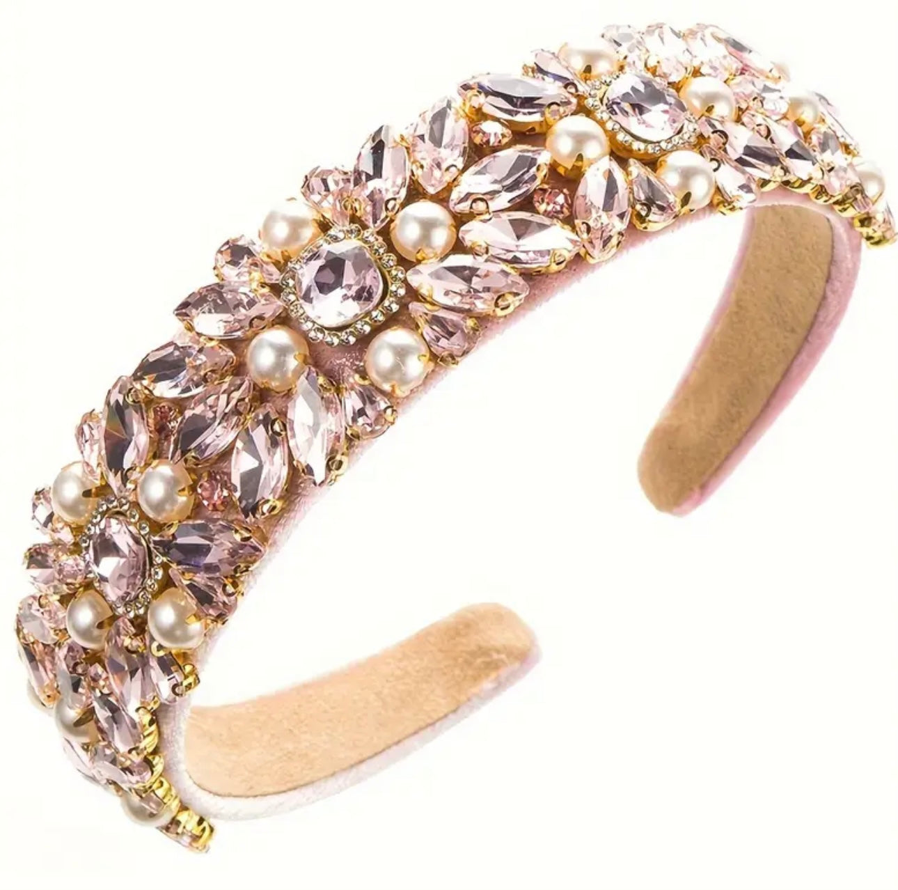 Pink Flower with gold and pearl Beadwork Alice Band