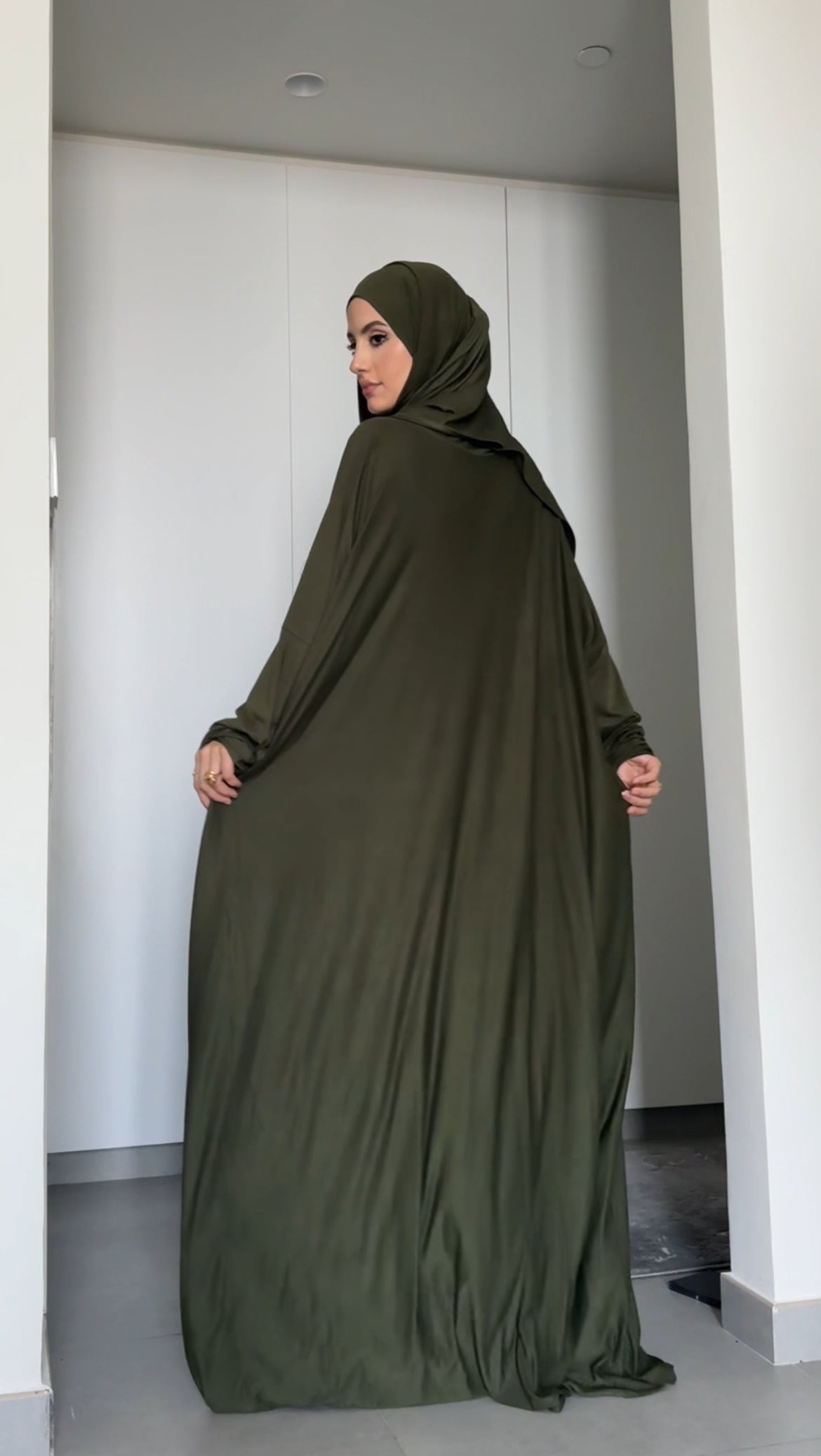 Army green stretch fabric burqa with zip and attached scarf