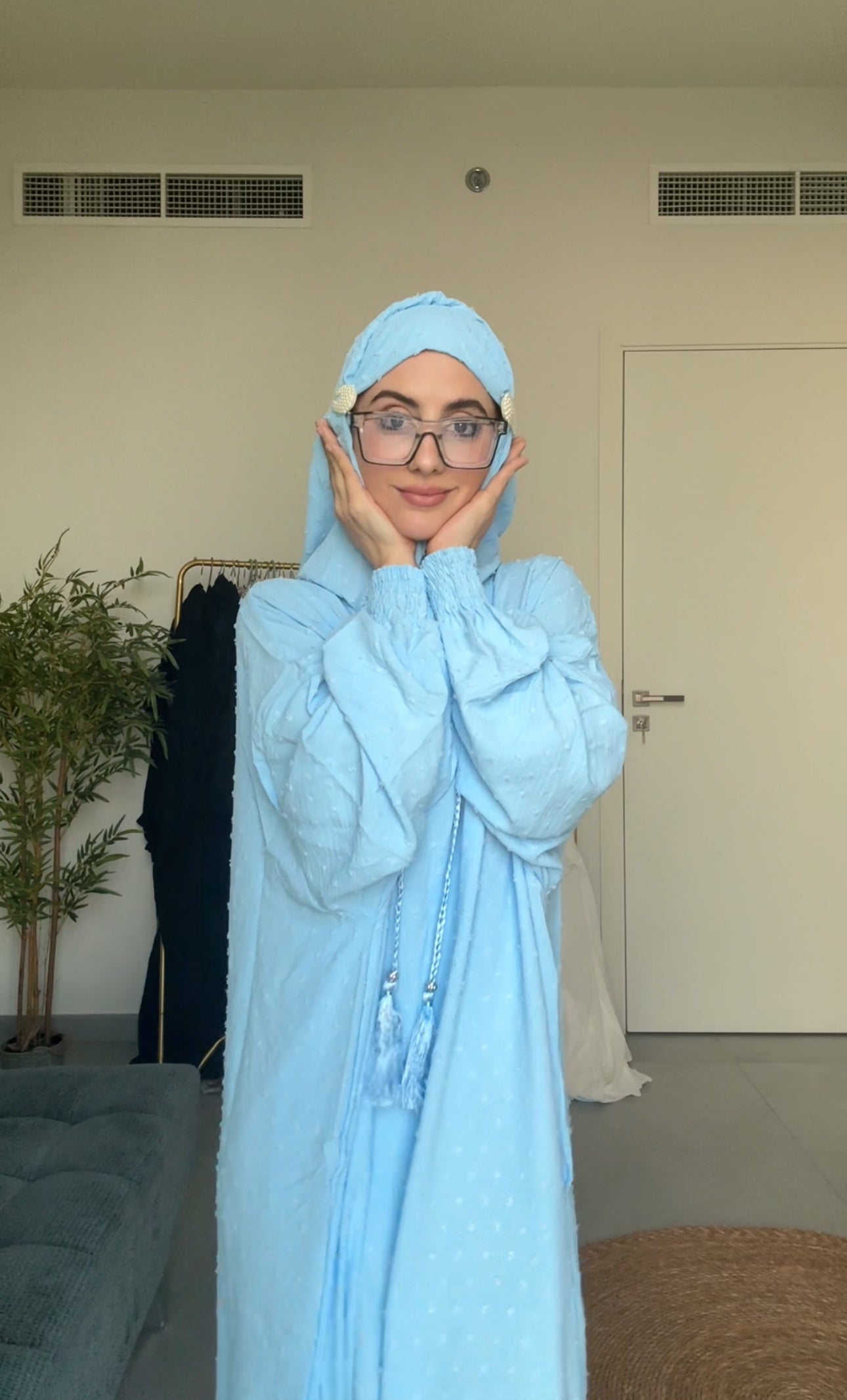 Baby blue burqa with blue dots