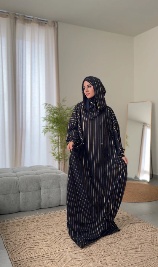 Navy burqa with thin gold vertical lines