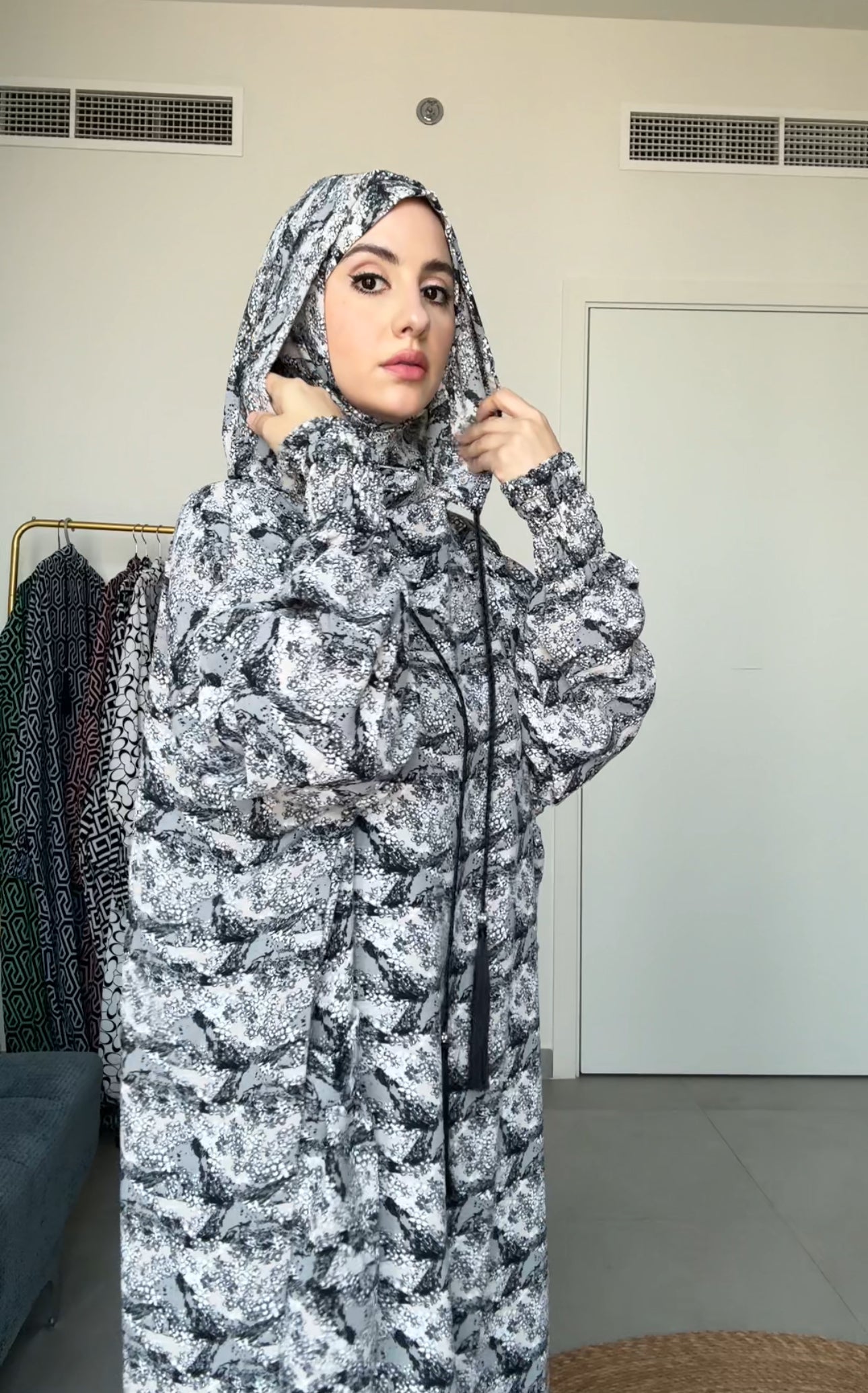 Black and white burqa with pockets