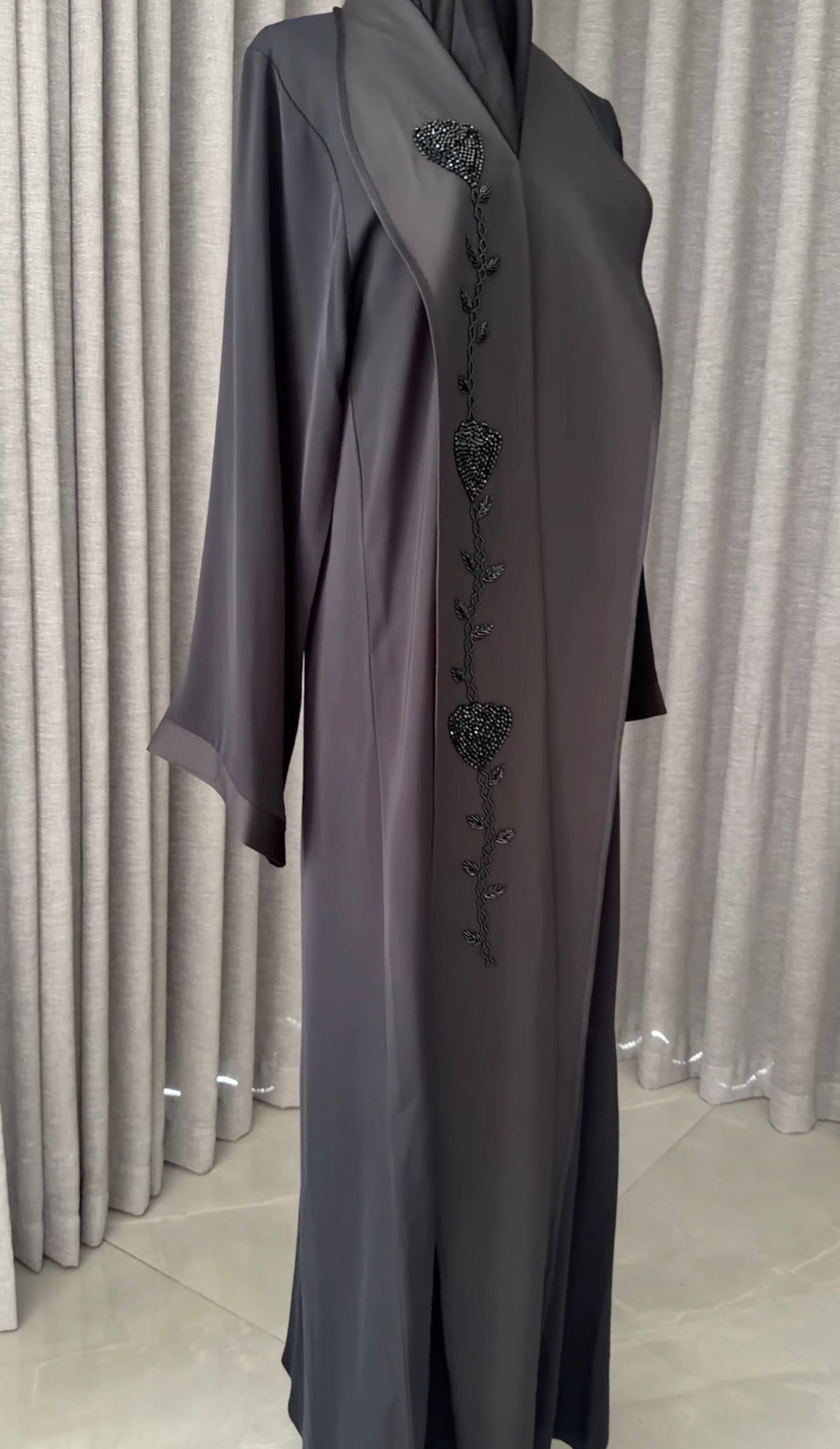 Black abayah with black beadwork detail