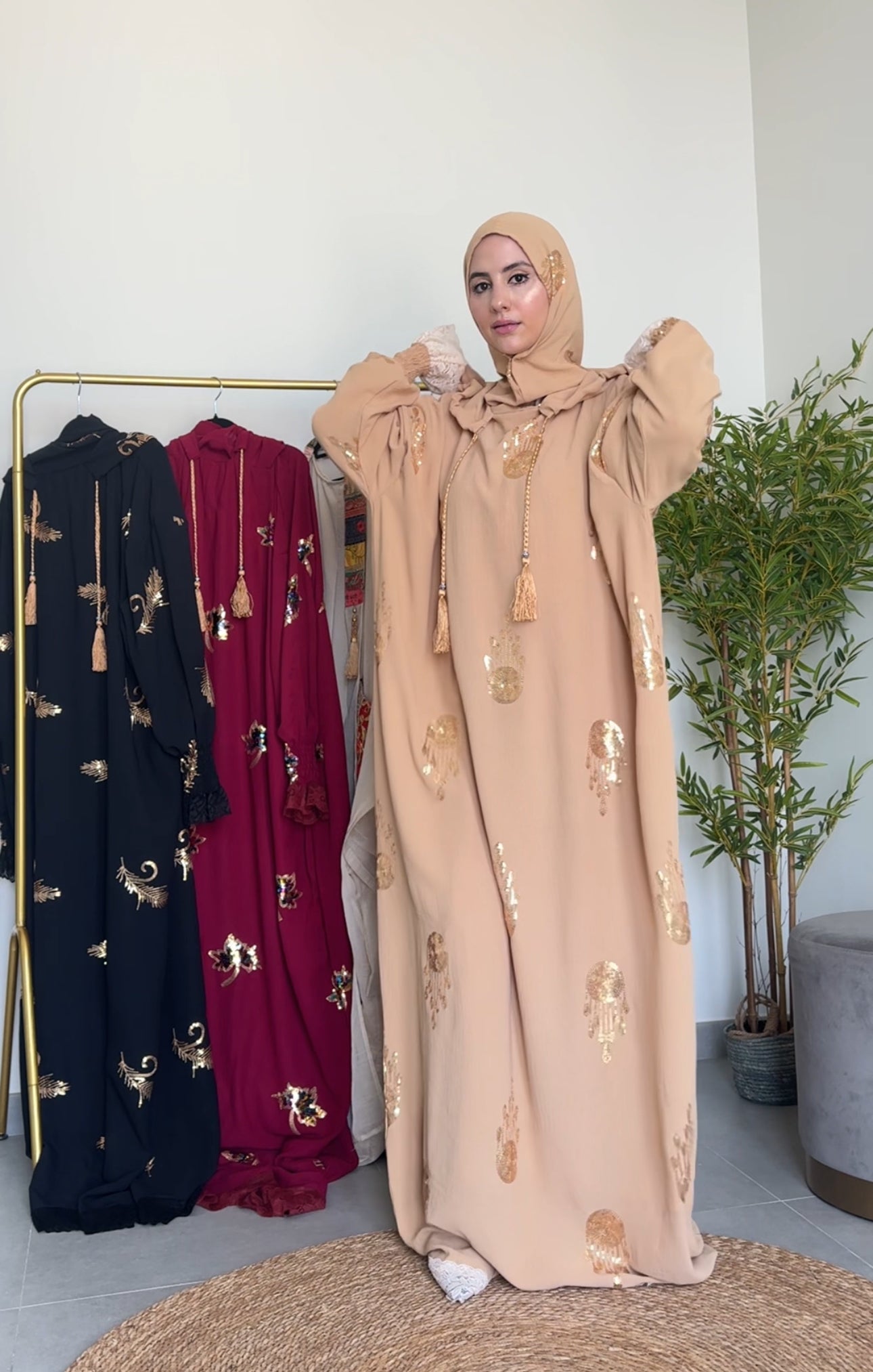 Beige Hoodie Burqa with embroidery and lace work