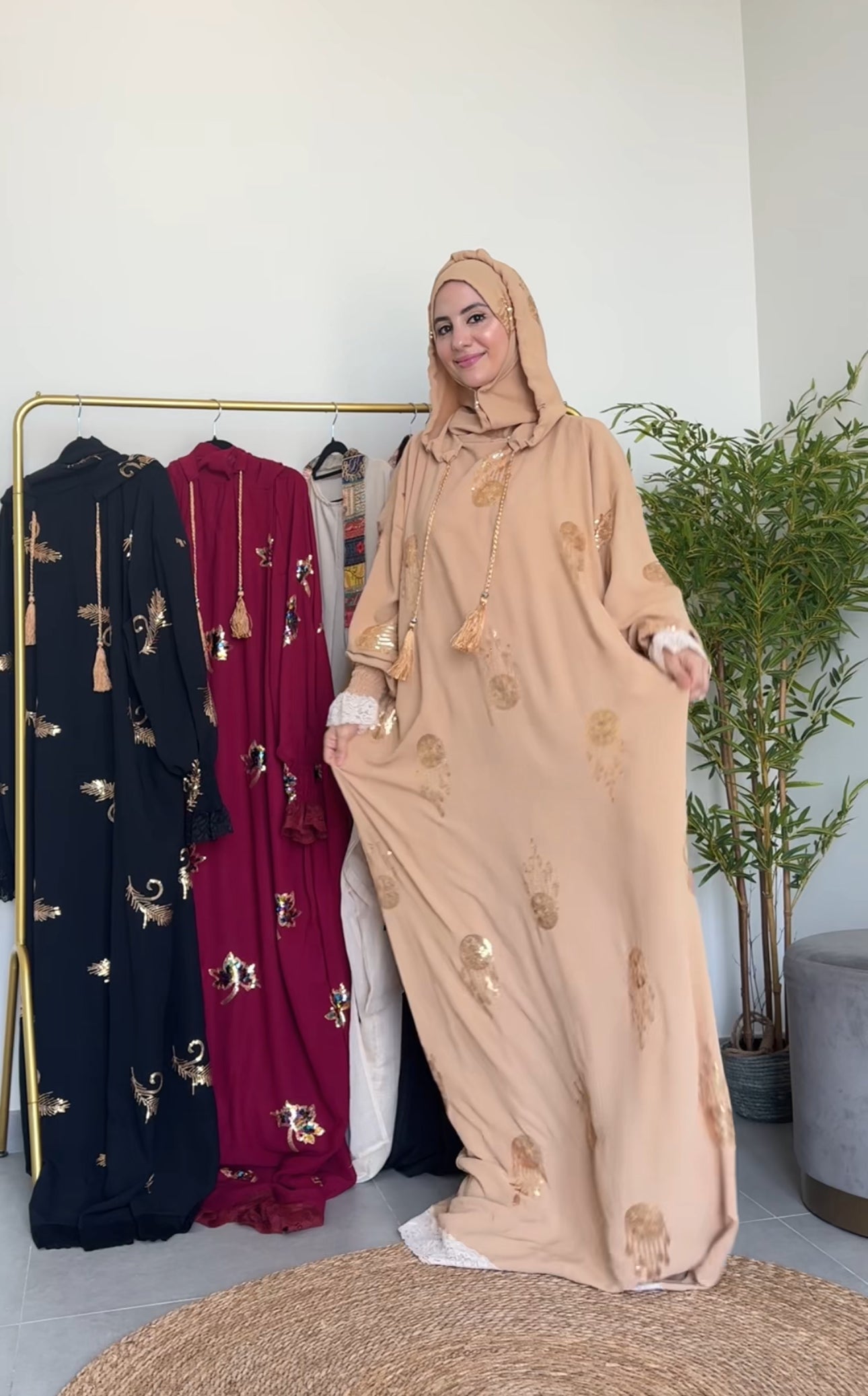 Beige Hoodie Burqa with embroidery and lace work