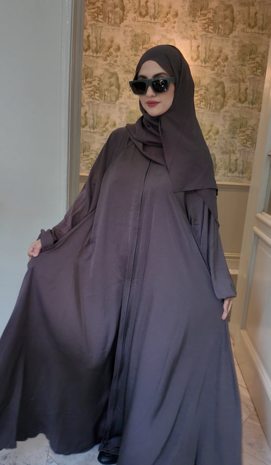 Brown Gray flow Abayah with attached hijab