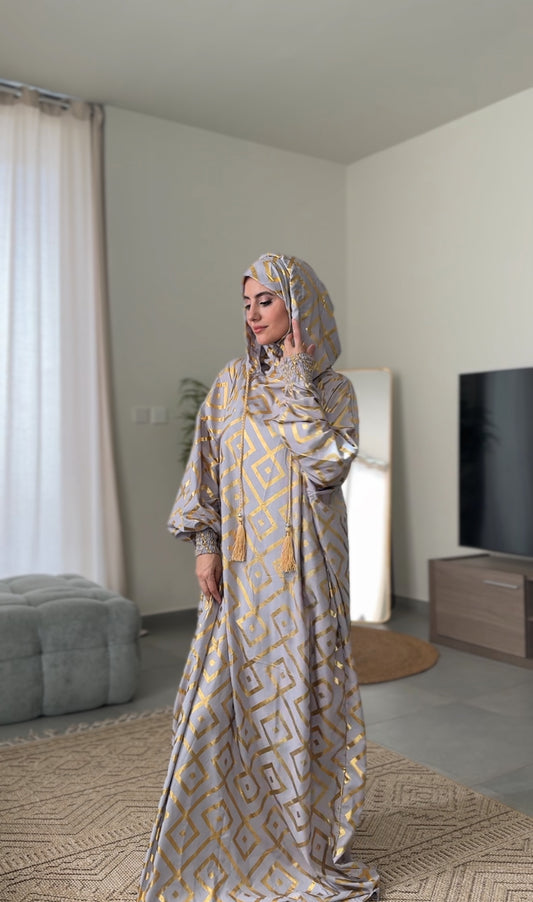 Light grey burqa with gold geometric lines