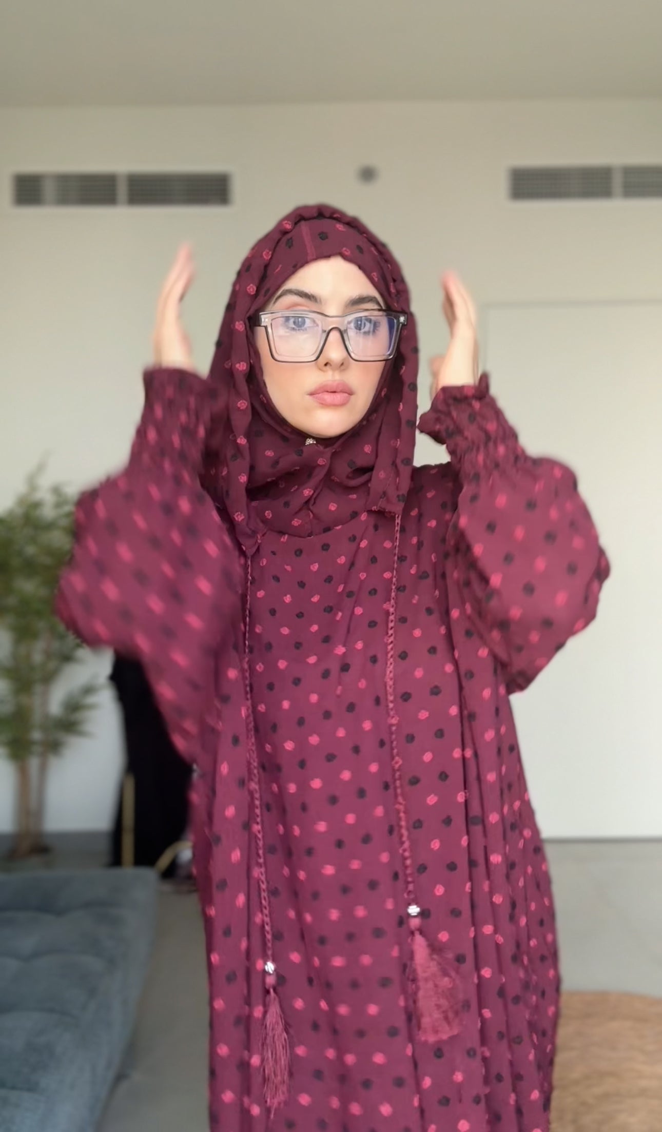 Maroon burqa with black dots