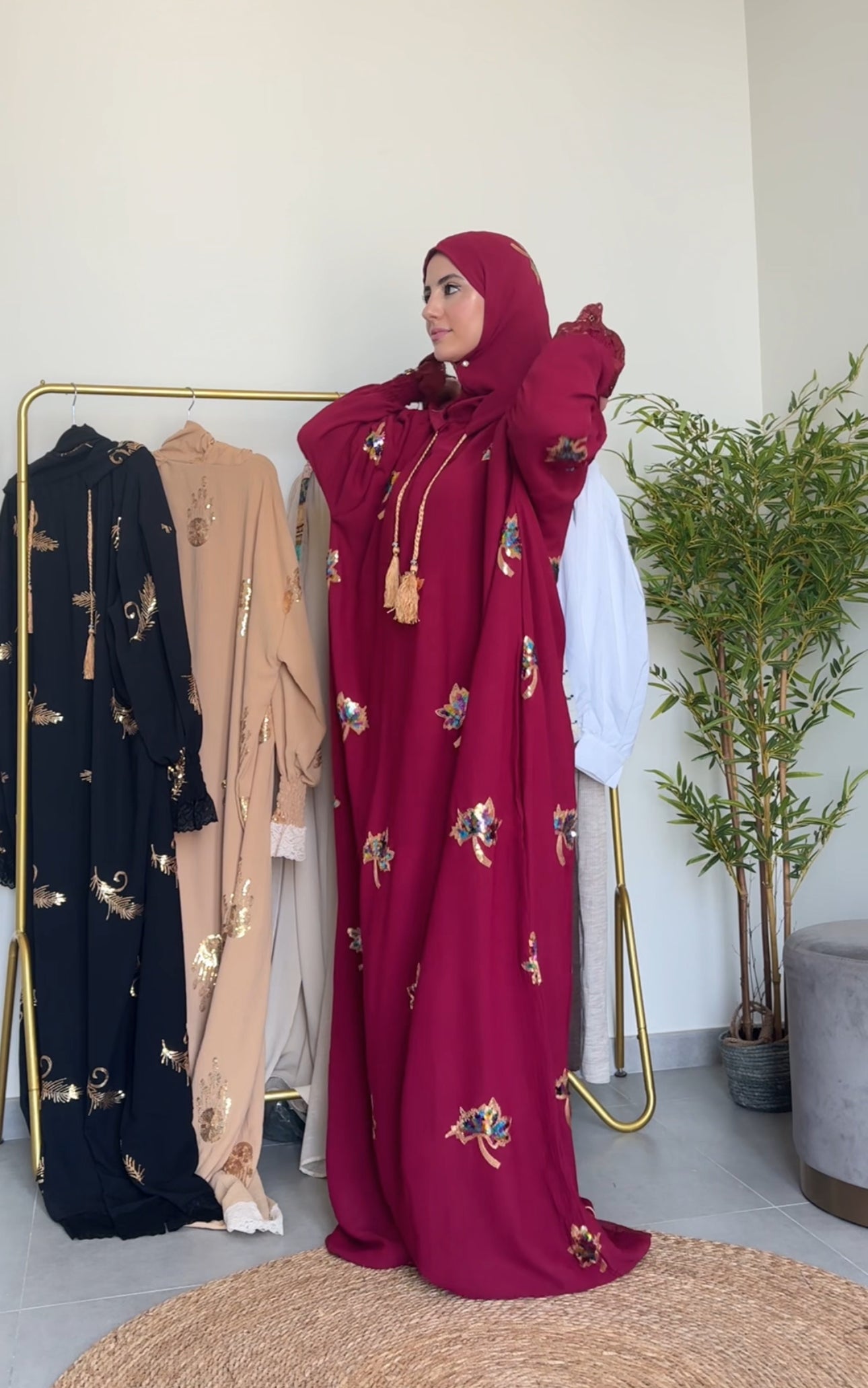 Maroon Hoodie Burqa with embroidery and lace work