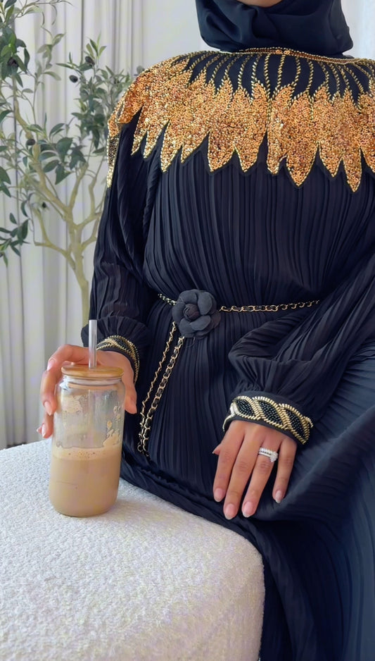 Black pleated dress with gold beads