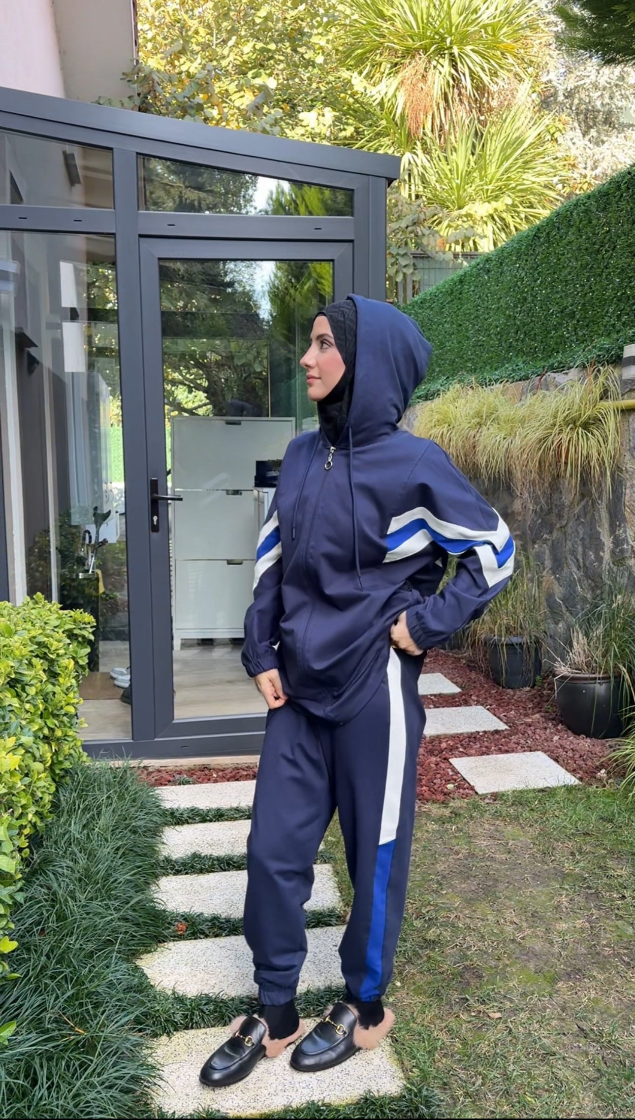 Navy tracksuit set with white stripes