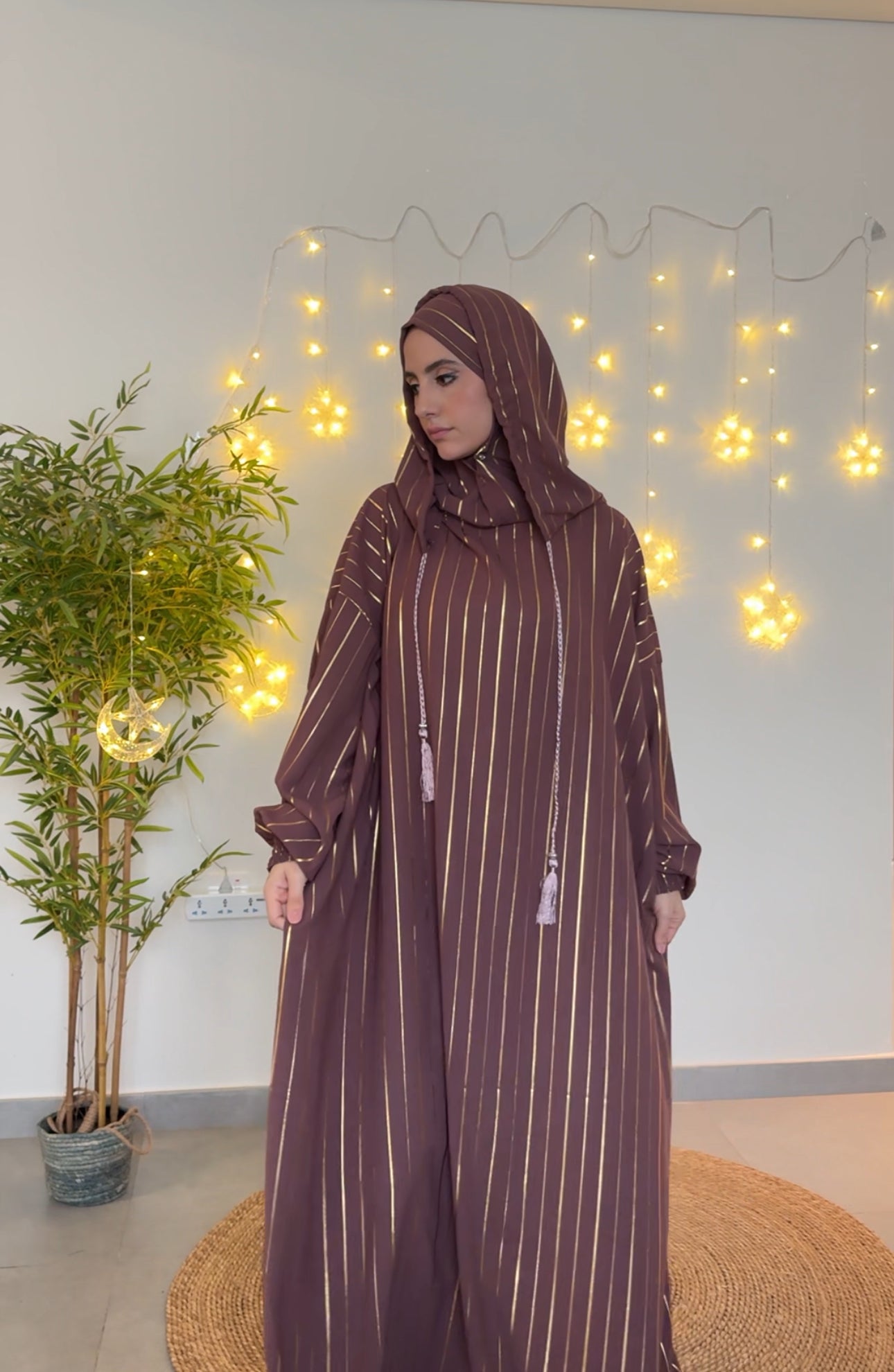 Pinkish Brown burqa with thin gold vertical lines