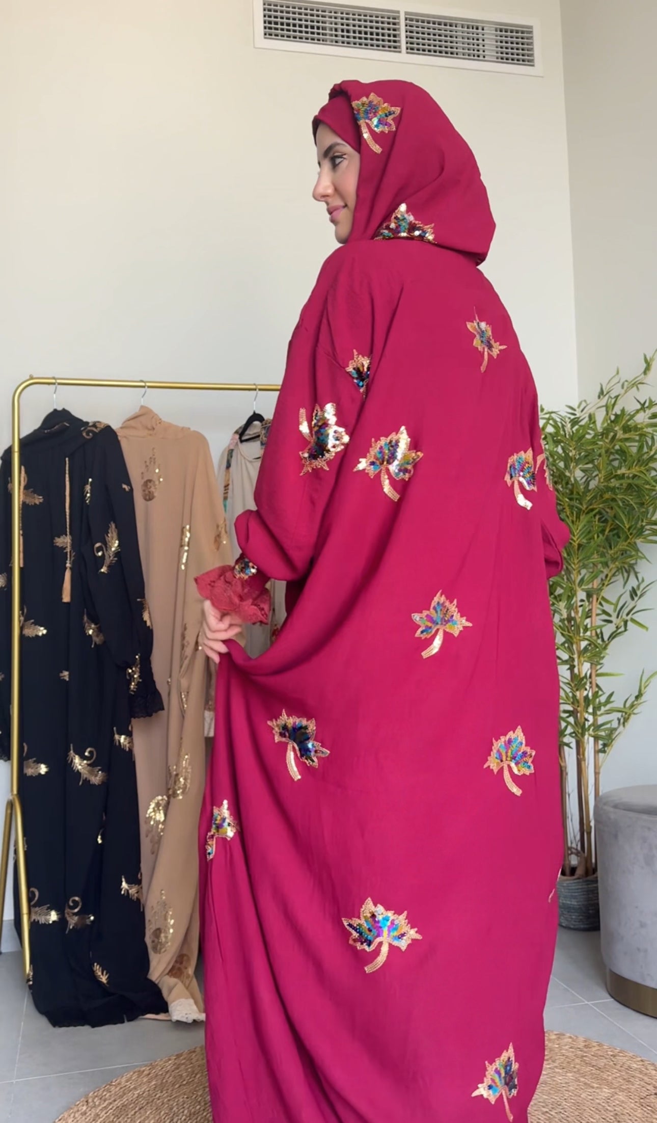 Maroon Hoodie Burqa with embroidery and lace work