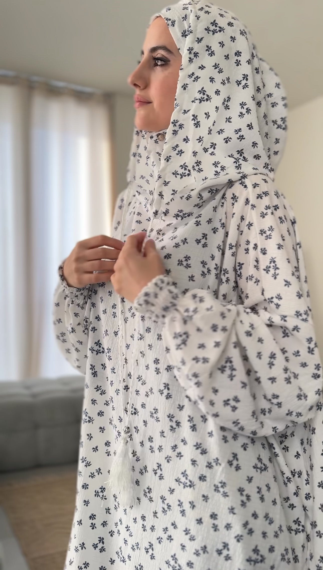 White burqa with navy floral print