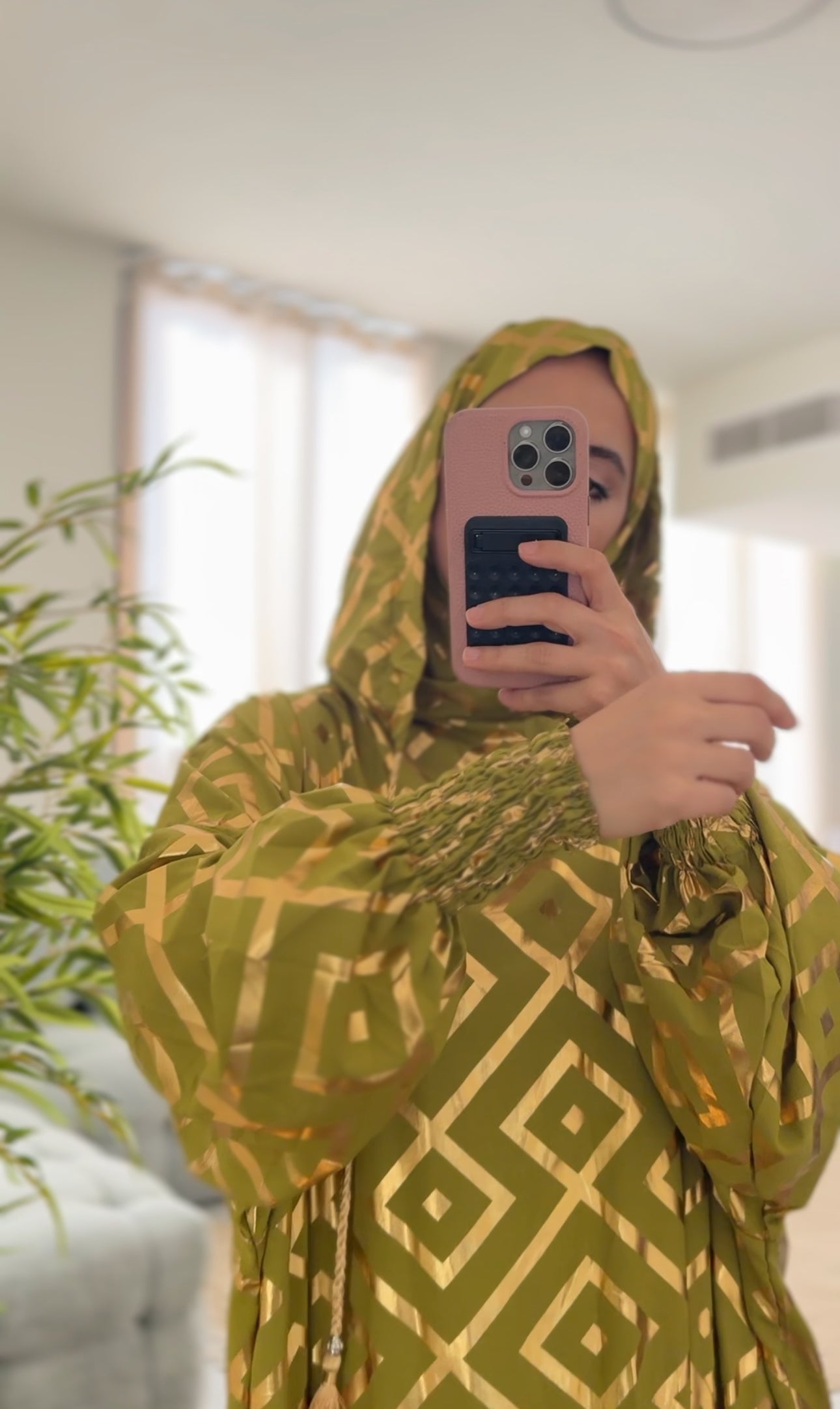 Olive green burqa with gold geometric lines