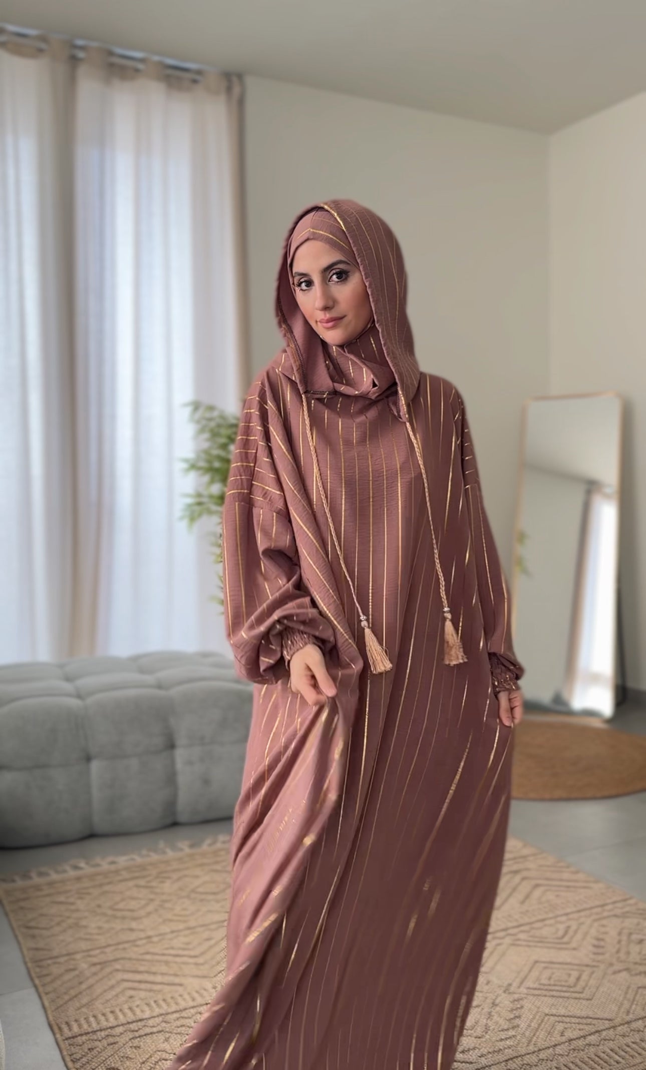 Pinkish Brown burqa with thin gold vertical lines