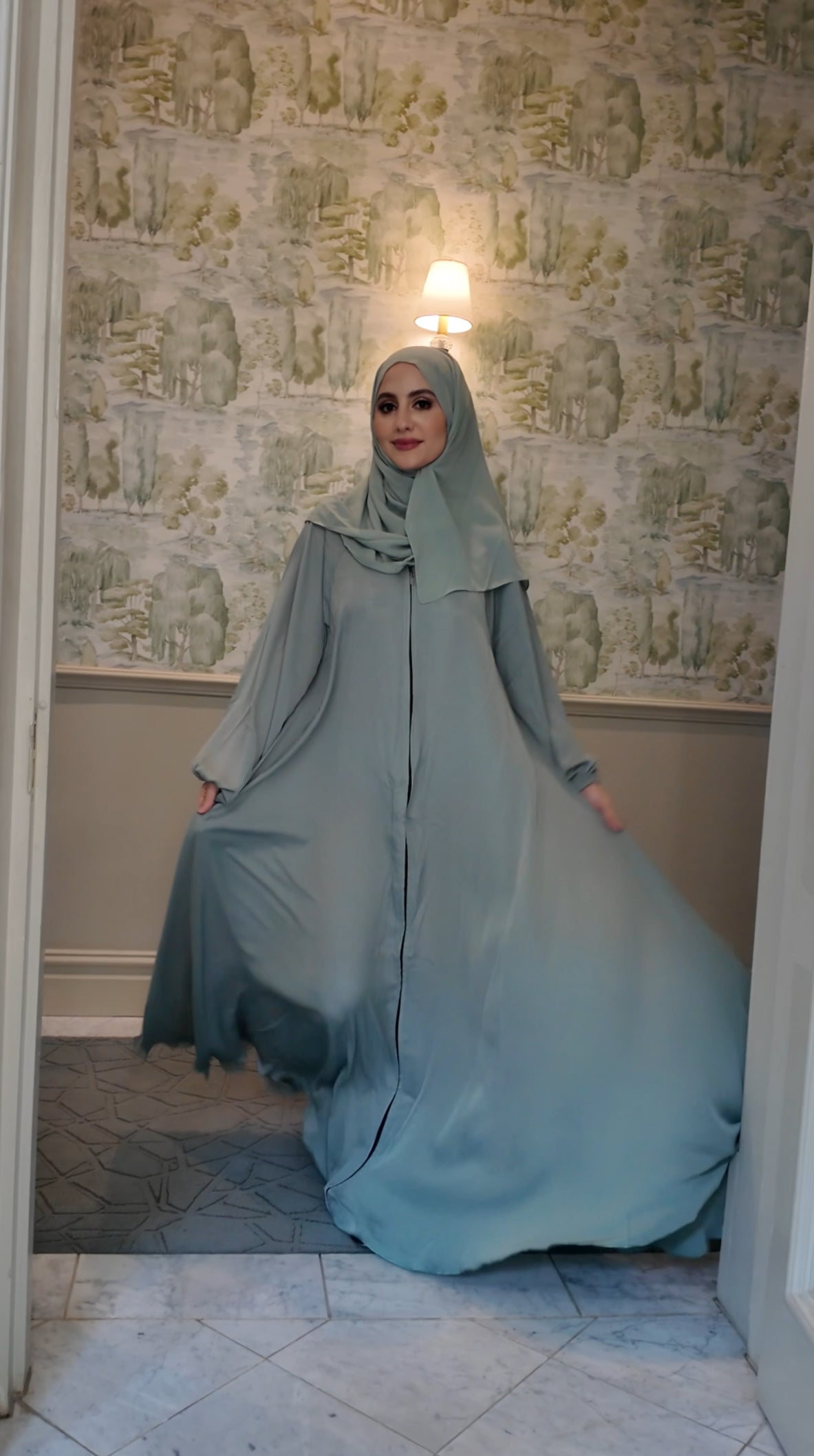 Light Green flow Abayah with attached hijab