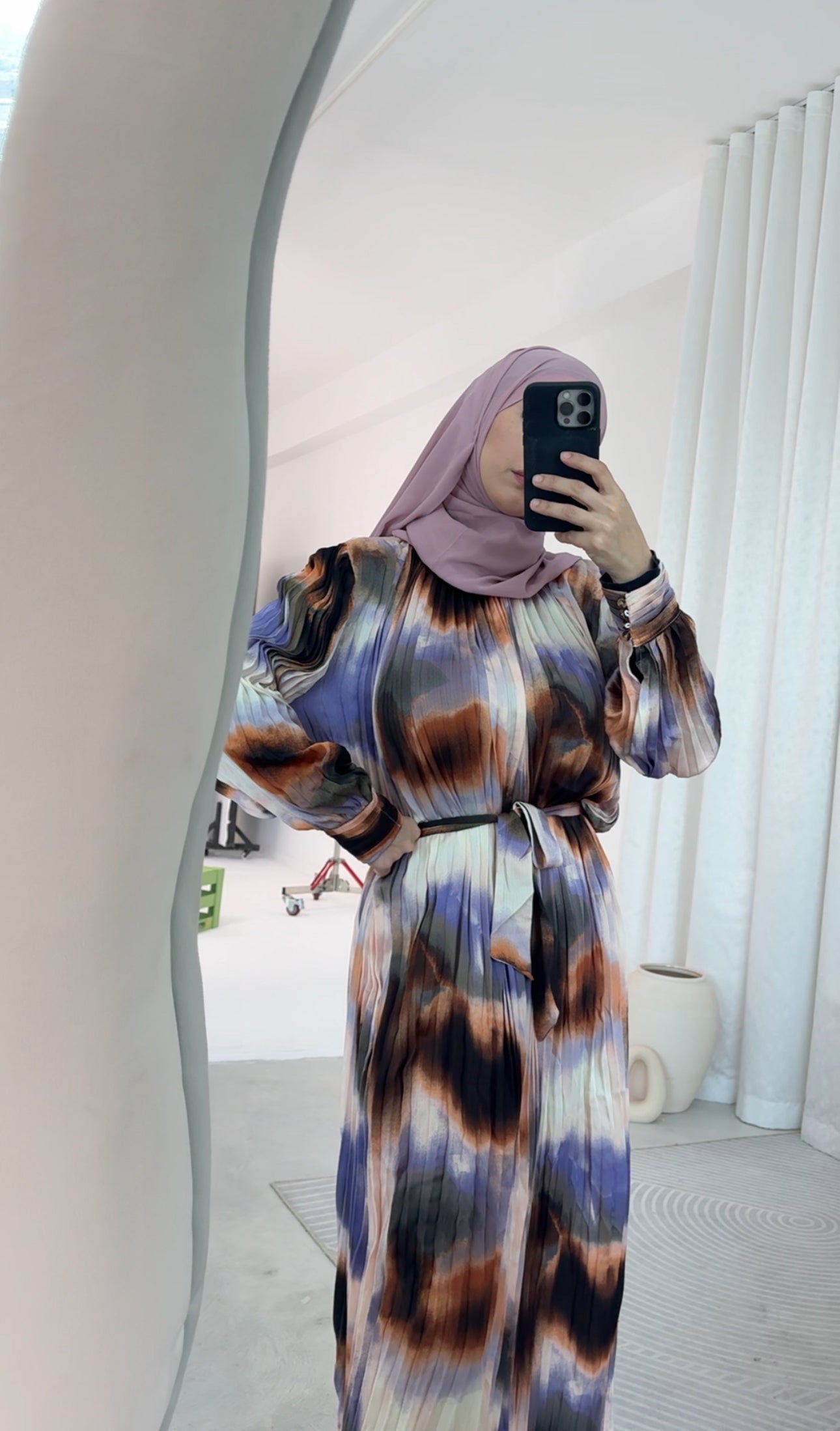 Brown and purple dye pleated dress