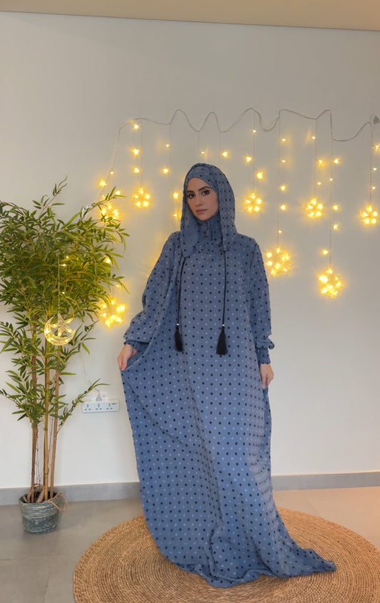 Grayish blue burqa with black dots