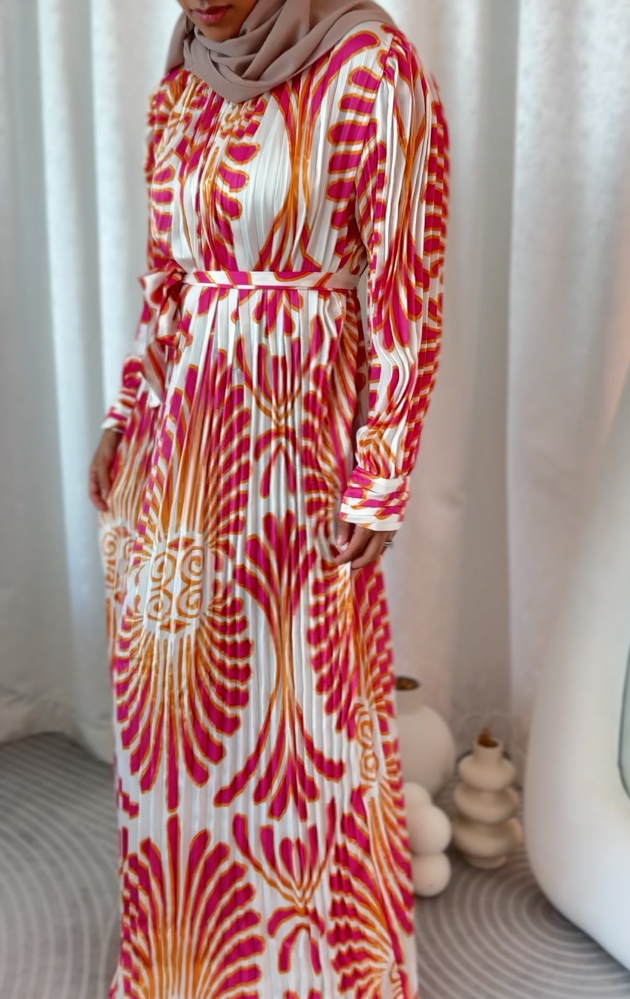 Pink and white pleated dress