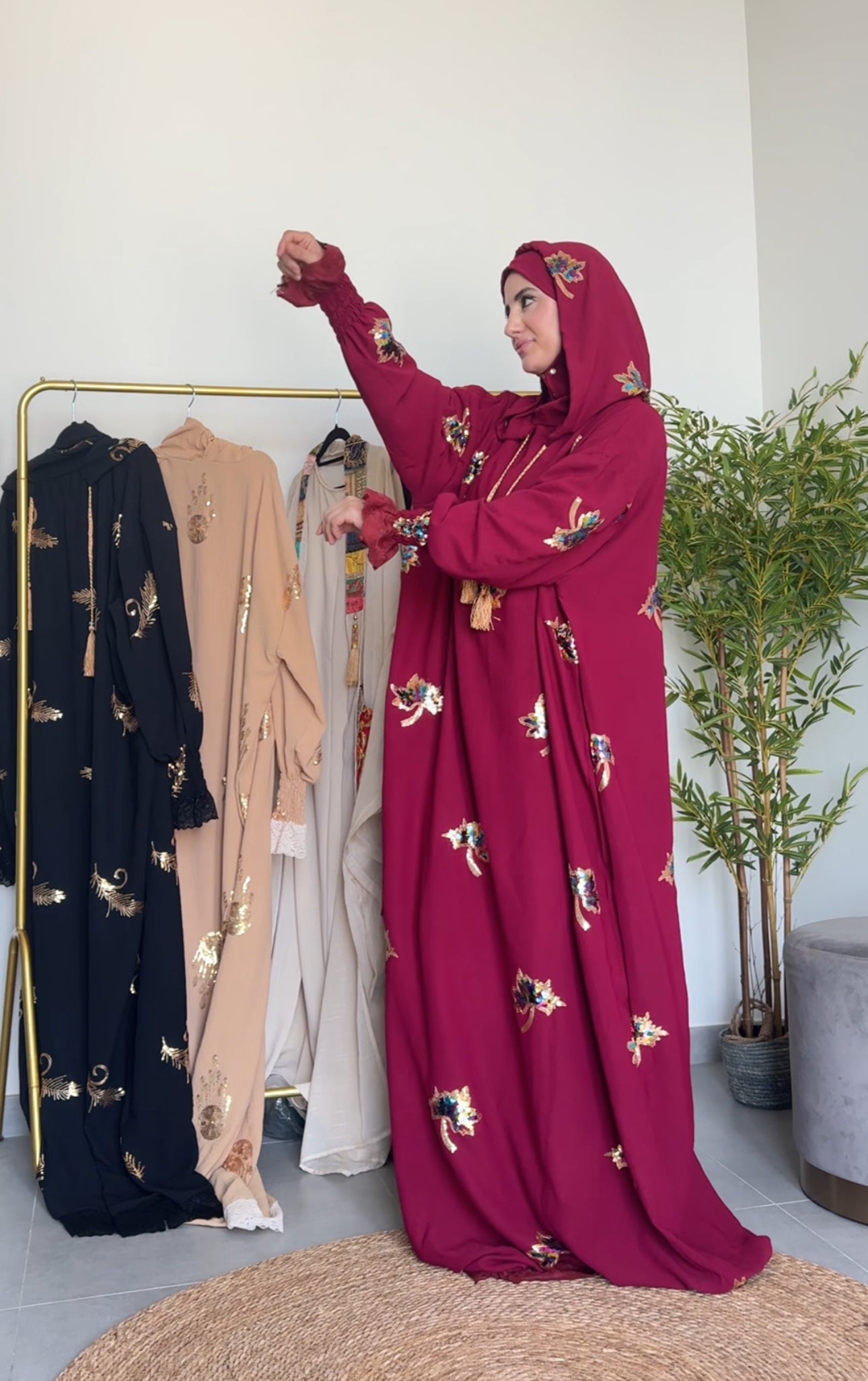 Maroon Hoodie Burqa with embroidery and lace work