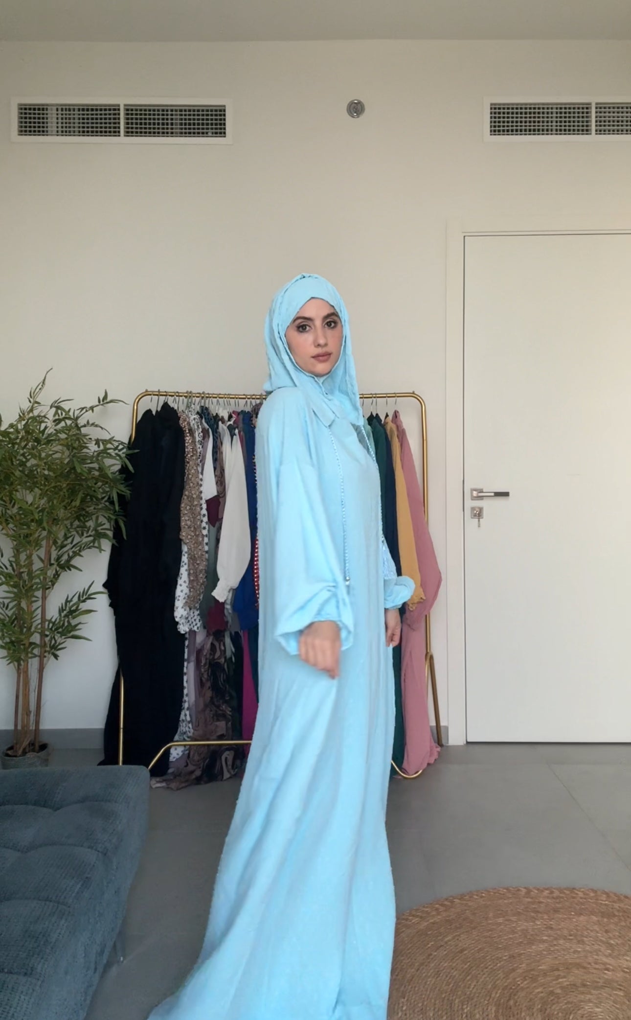 Light blue burqa with blue dots